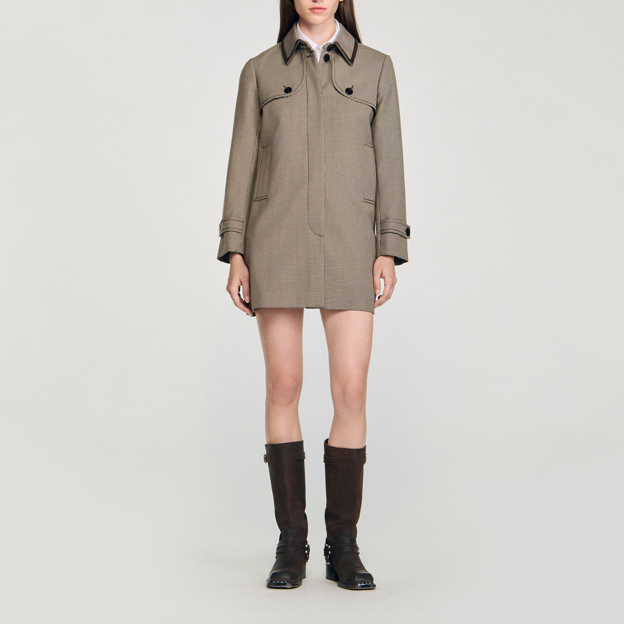 Trench pied-de-poule leren kraag - Vrouw | Sandro