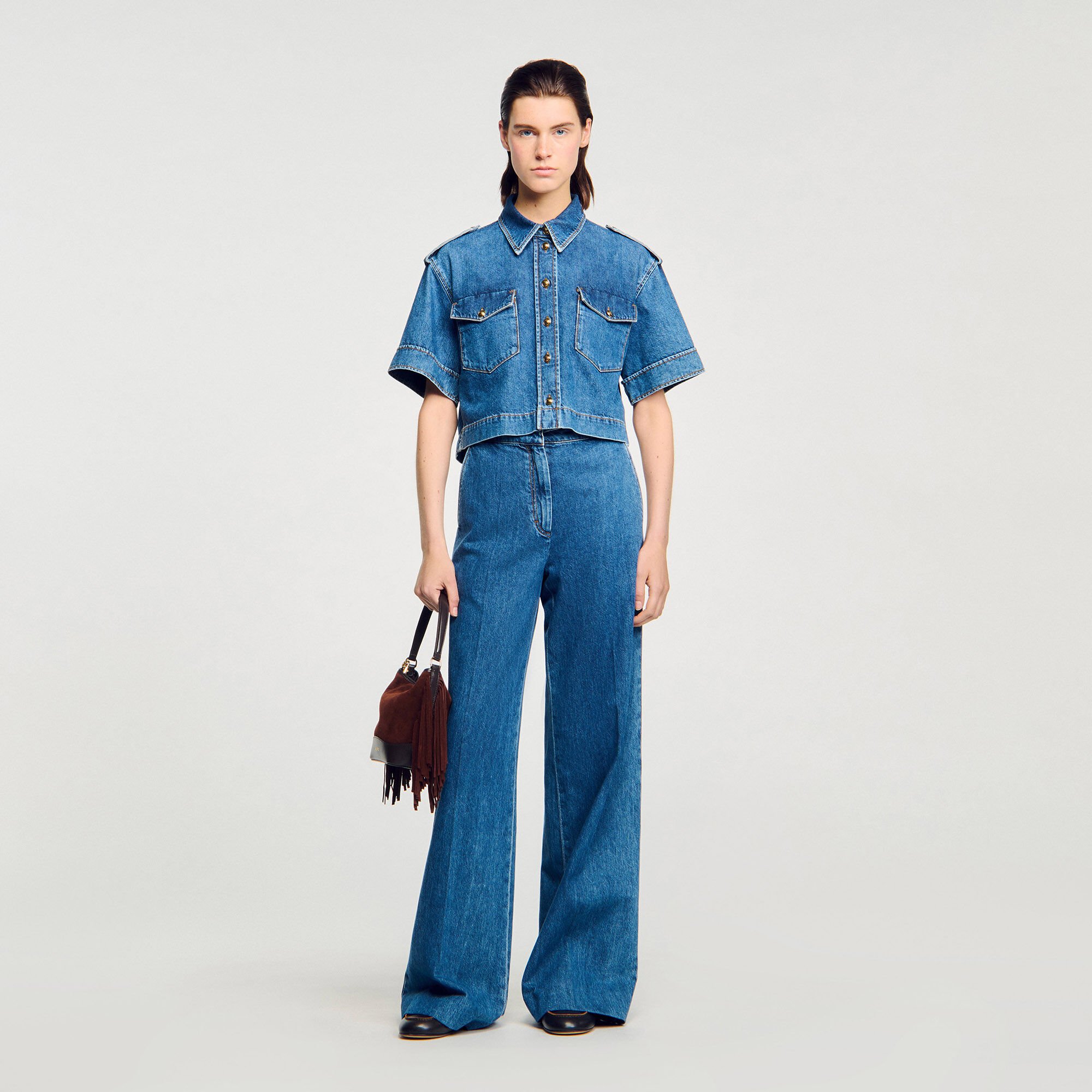 Korte denim overhemdblouse