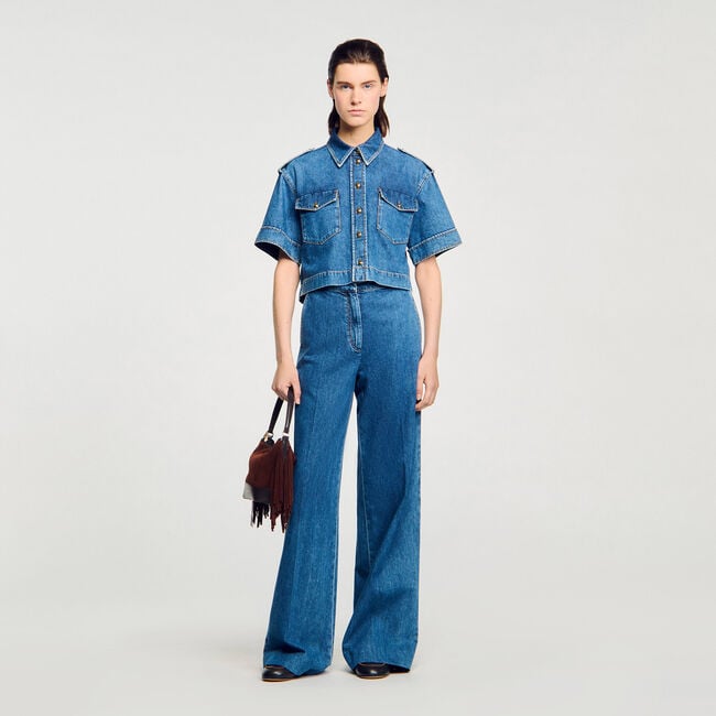 Korte denim overhemdblouse