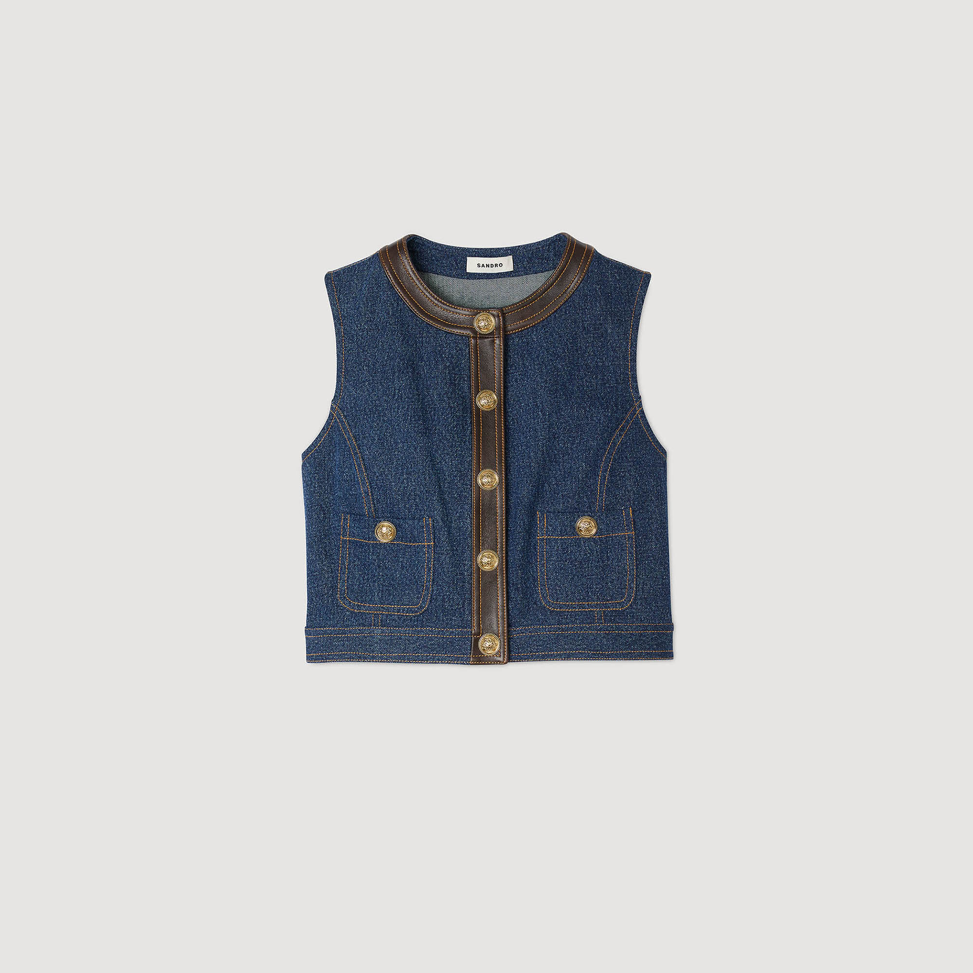 Top van denim en leer