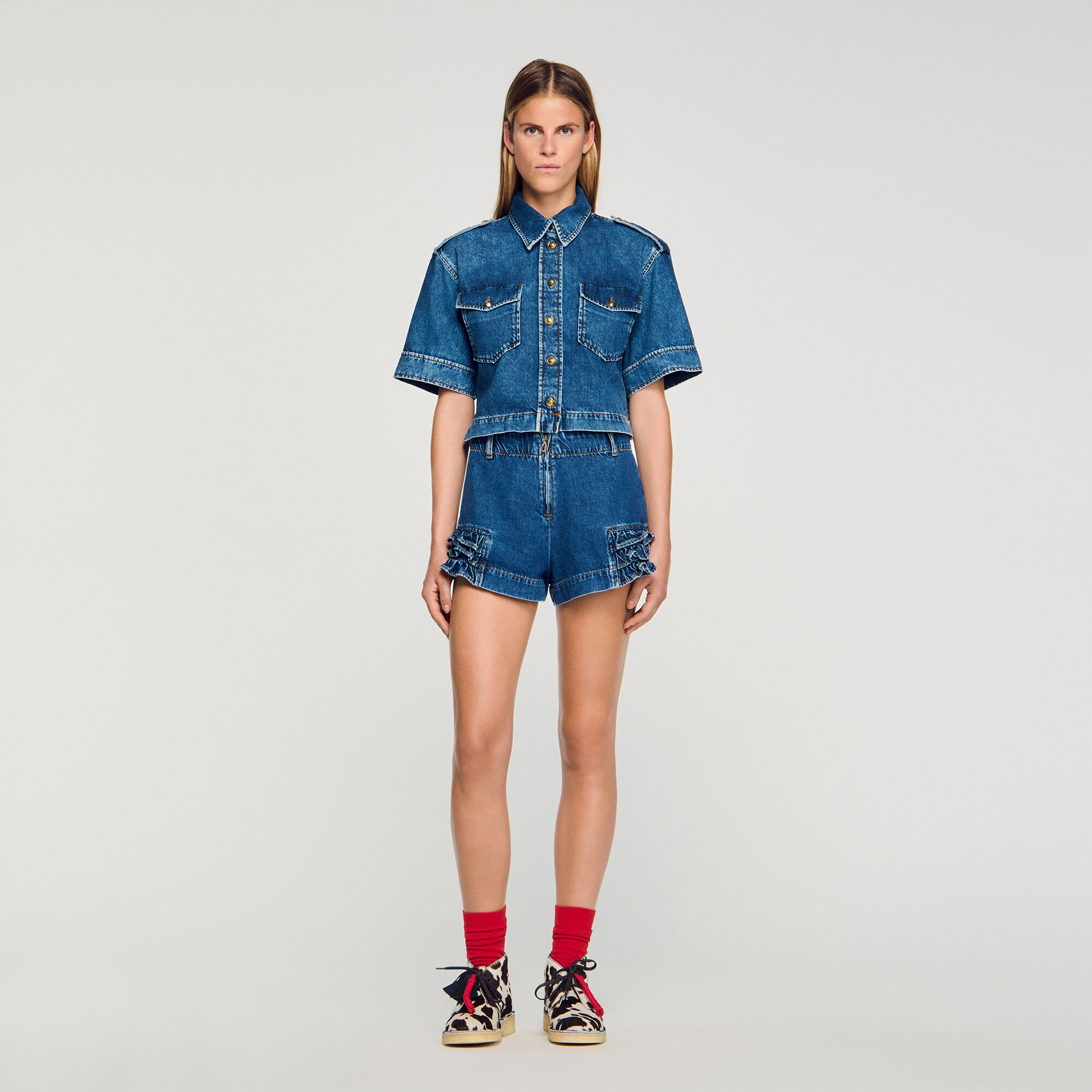Denim short met volants