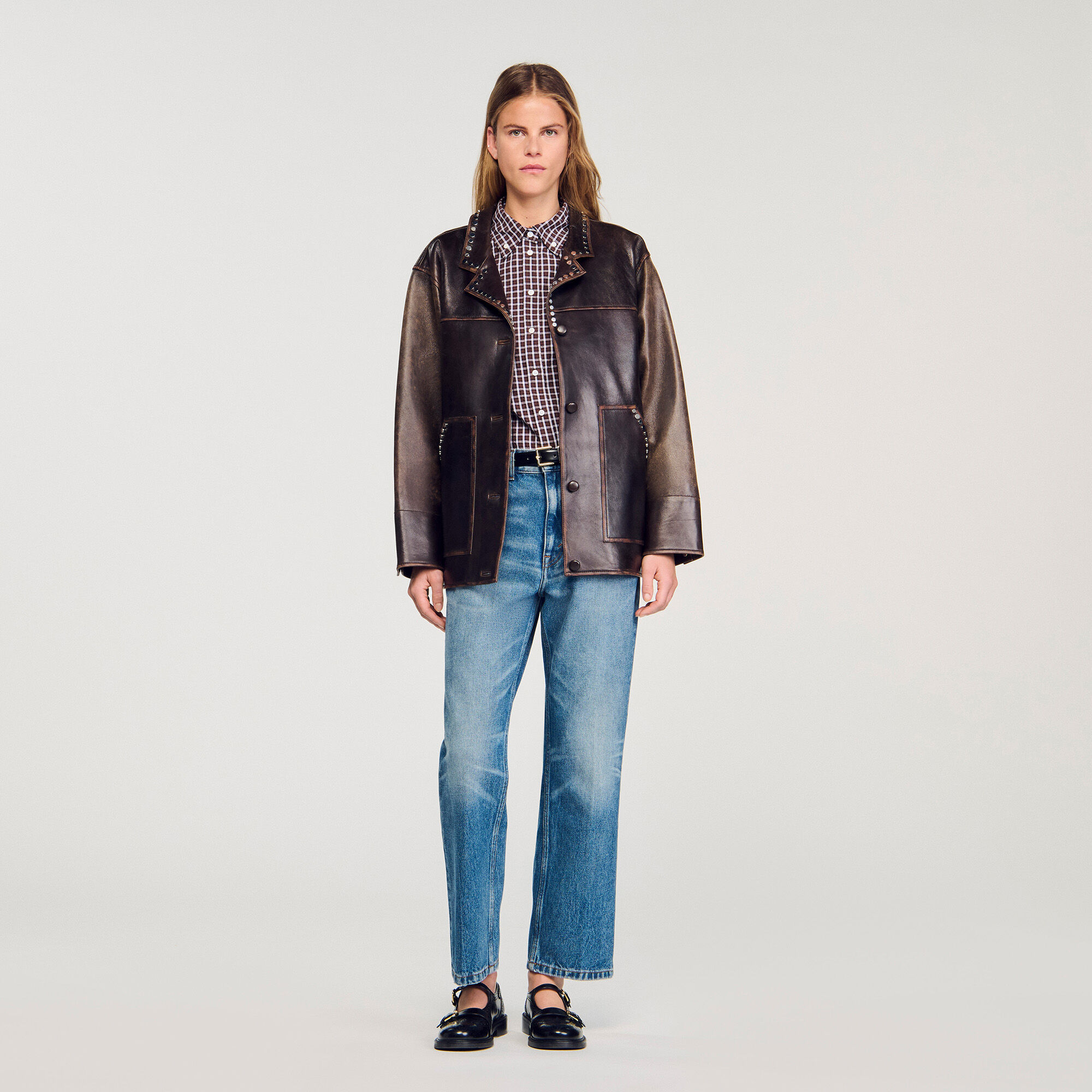 Oversized leren jack met studs