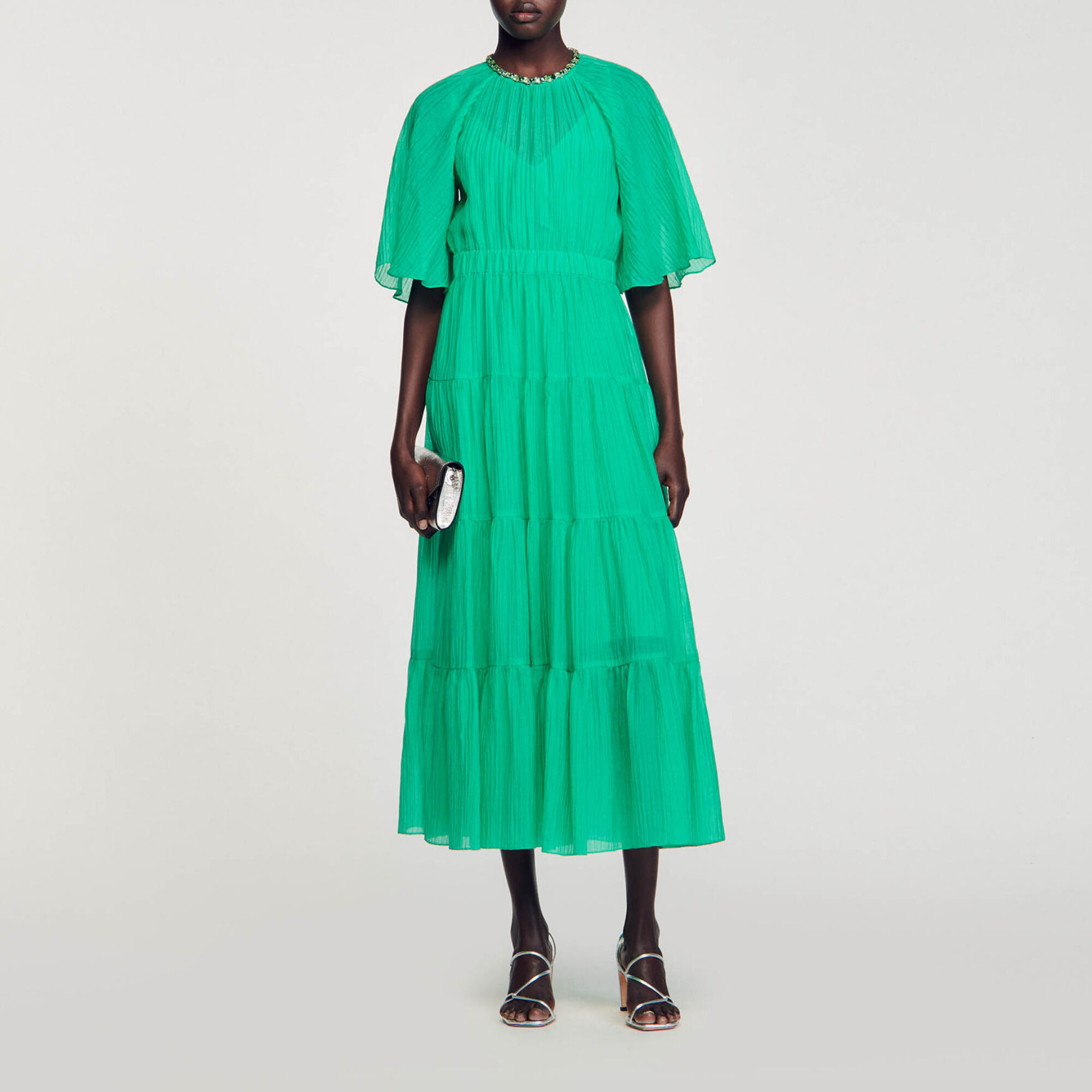 Midi jurk hals met stras groen voor dames Sandro Paris