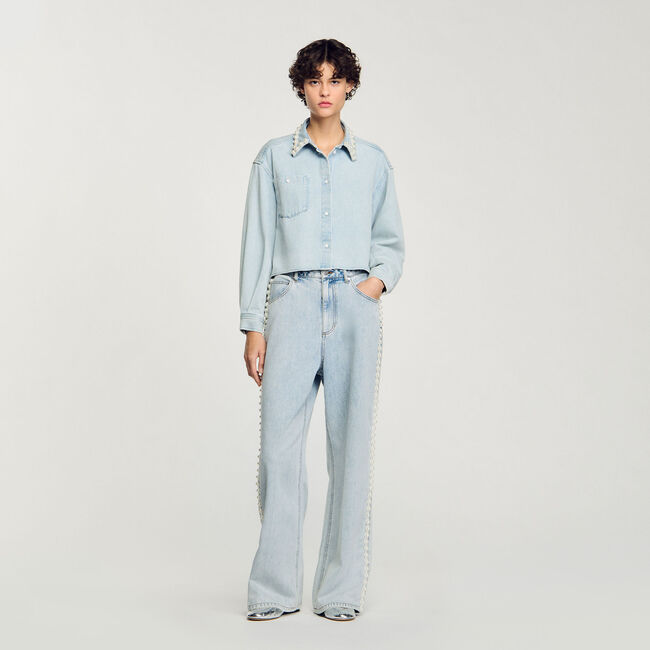 Overhemdblouse denim kraag met parels