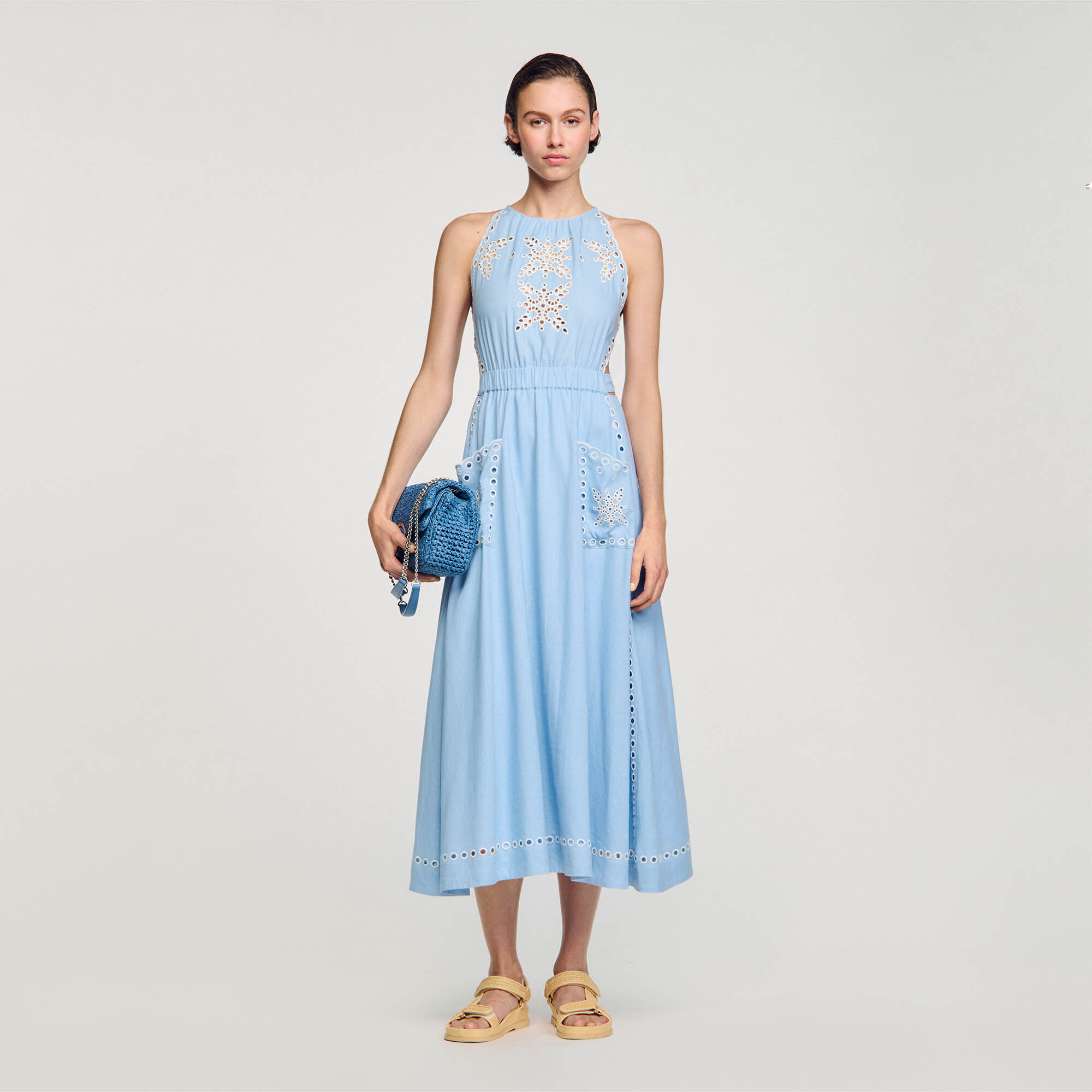 Lange jurk met broderie anglaise blauw voor dames Sandro Paris