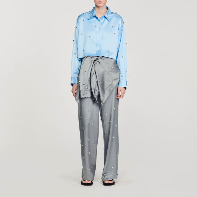 Satijnachtige overhemdblouse met stras