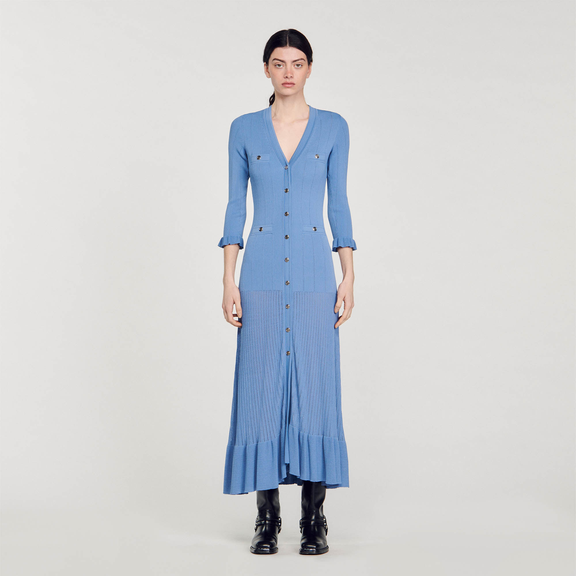 Lange tricot jurk blauw voor dames Sandro Paris