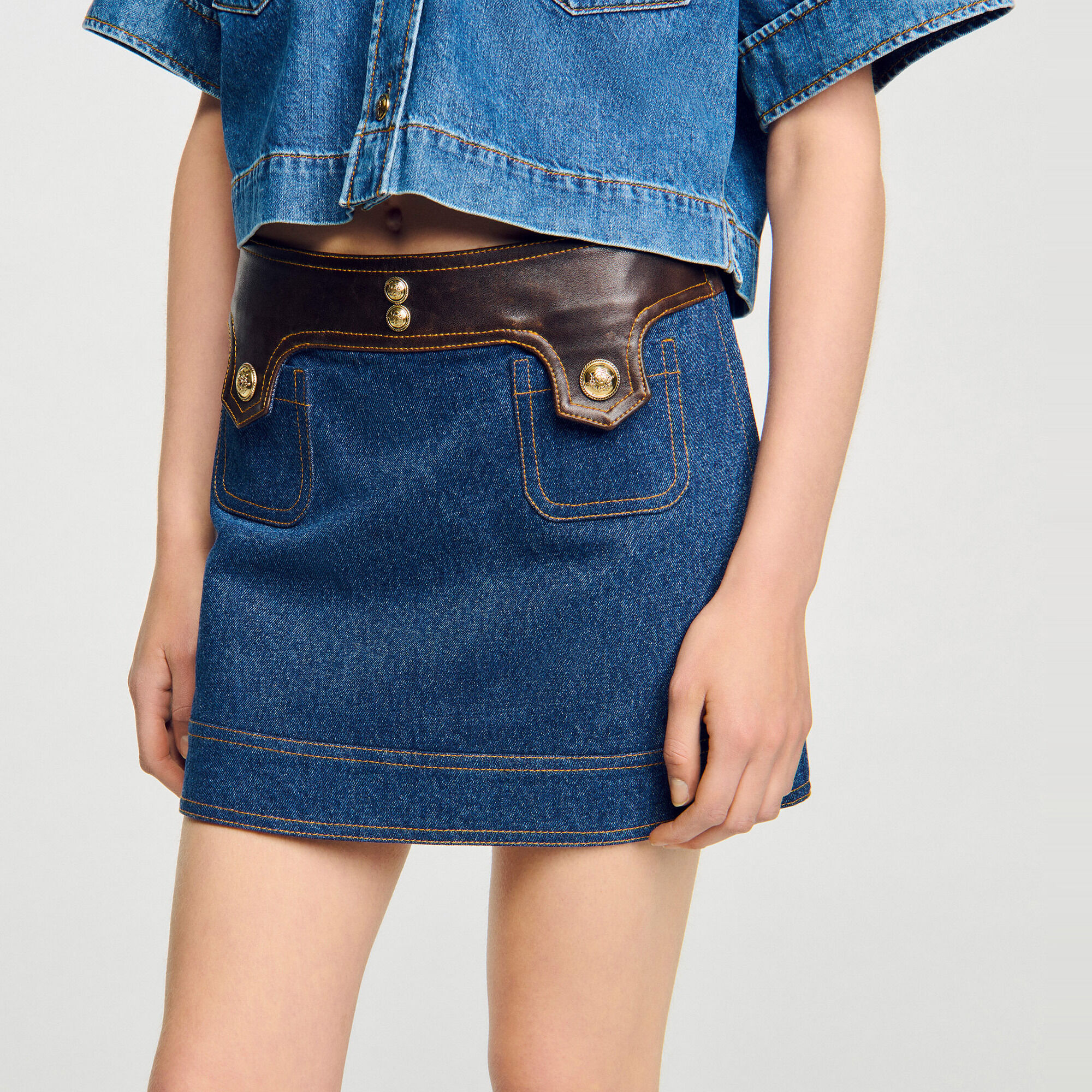 Korte rok denim en leer - Vrouw | Sandro
