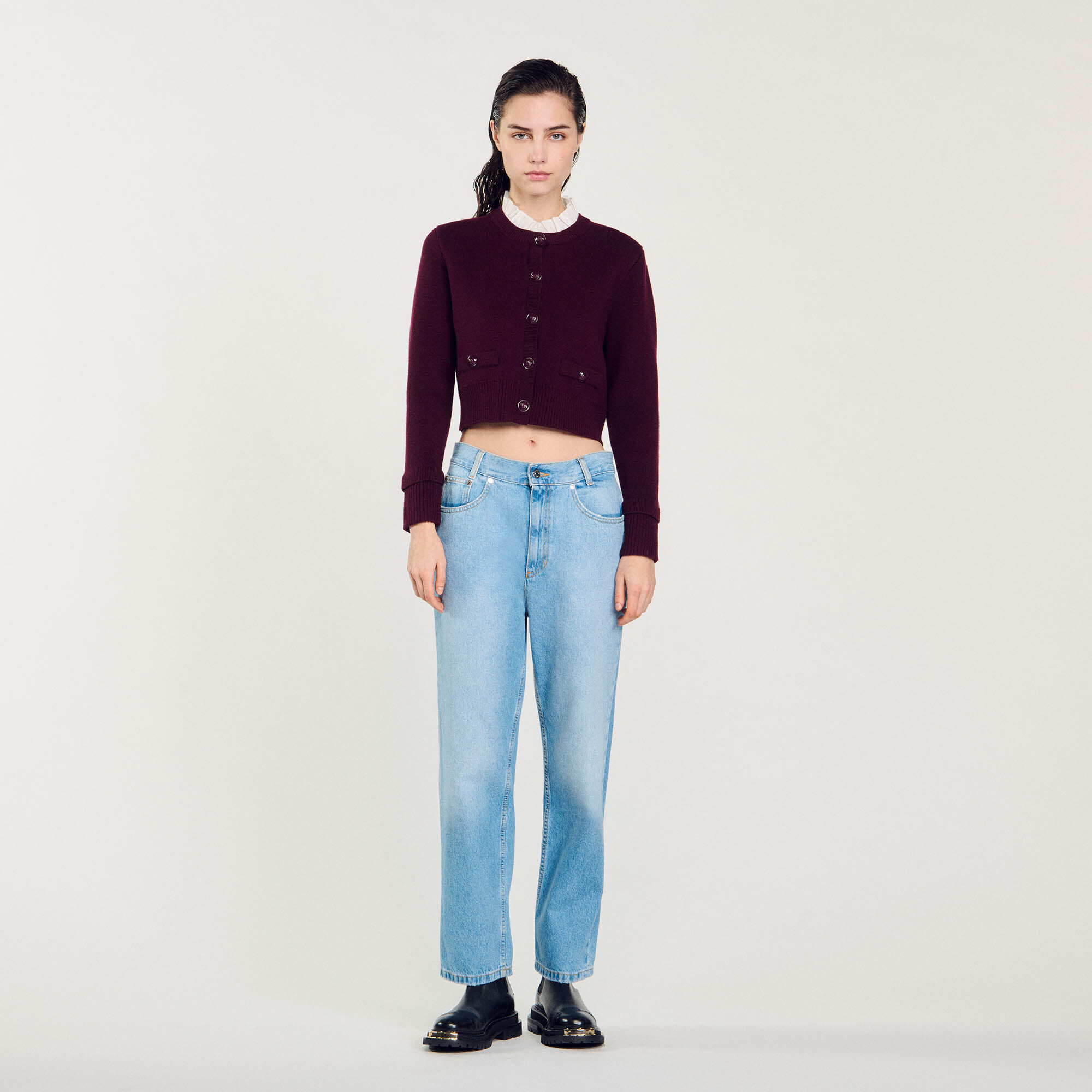 Gebreid vest met kraag met ruches