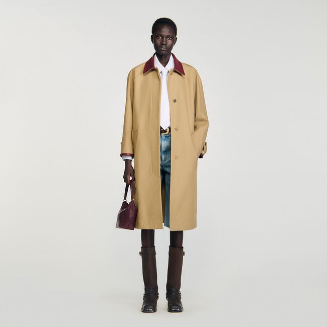 Lange trench met leren kraag