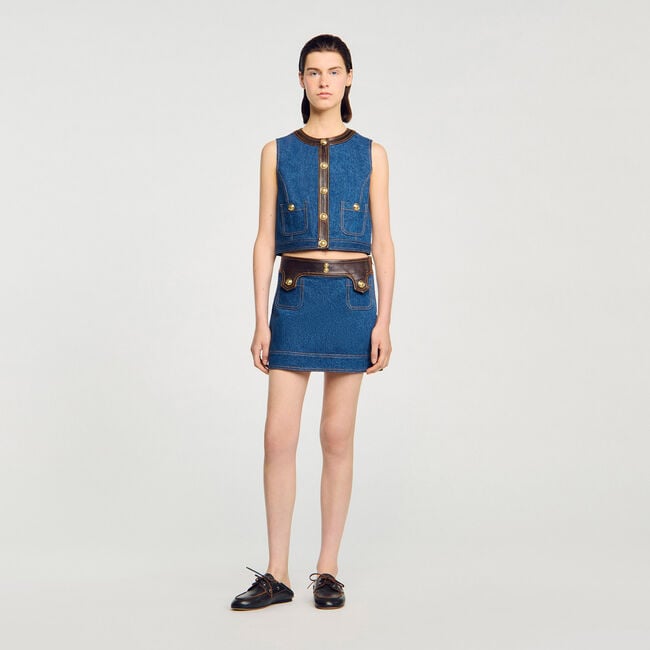 Top van denim en leer