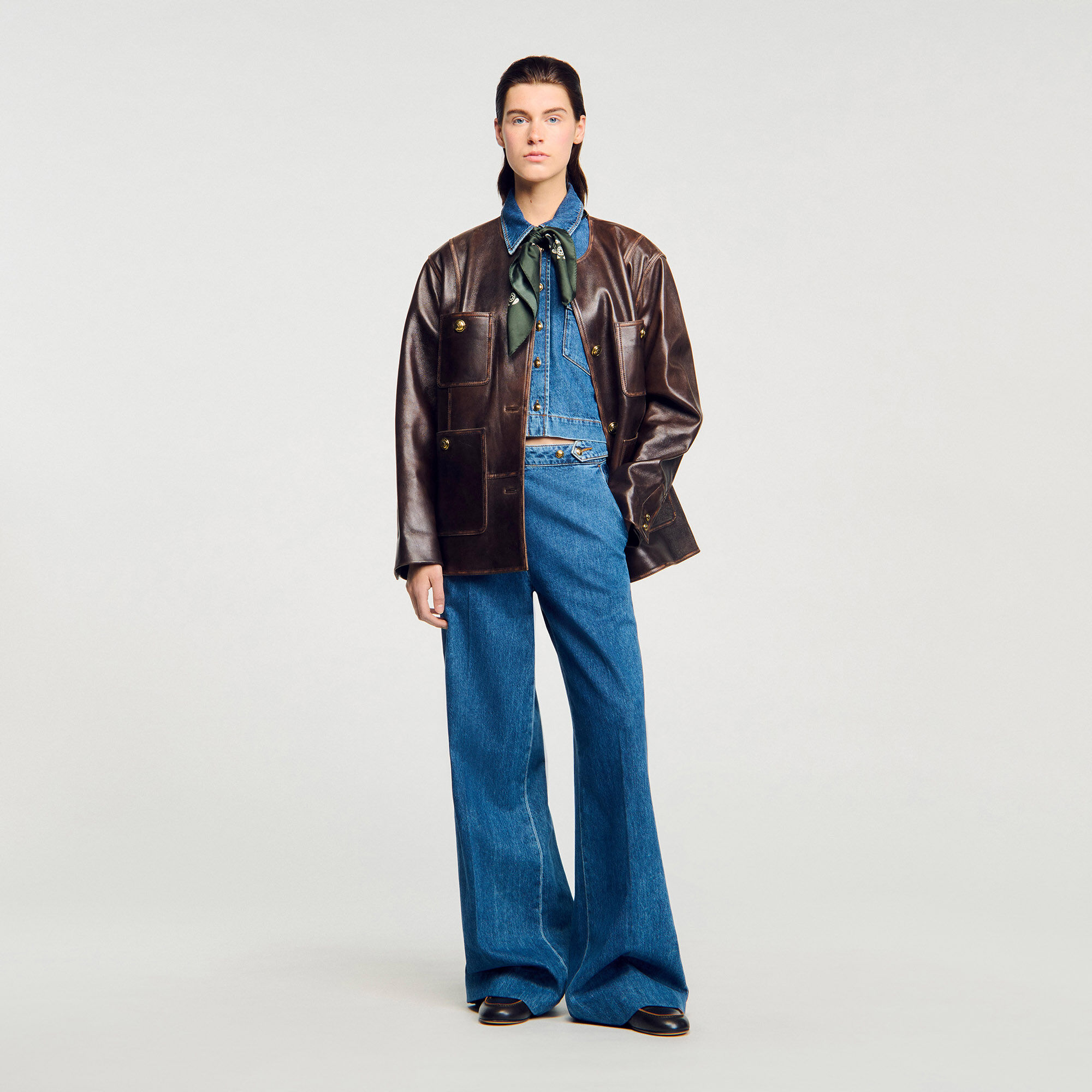 Korte denim overhemdblouse