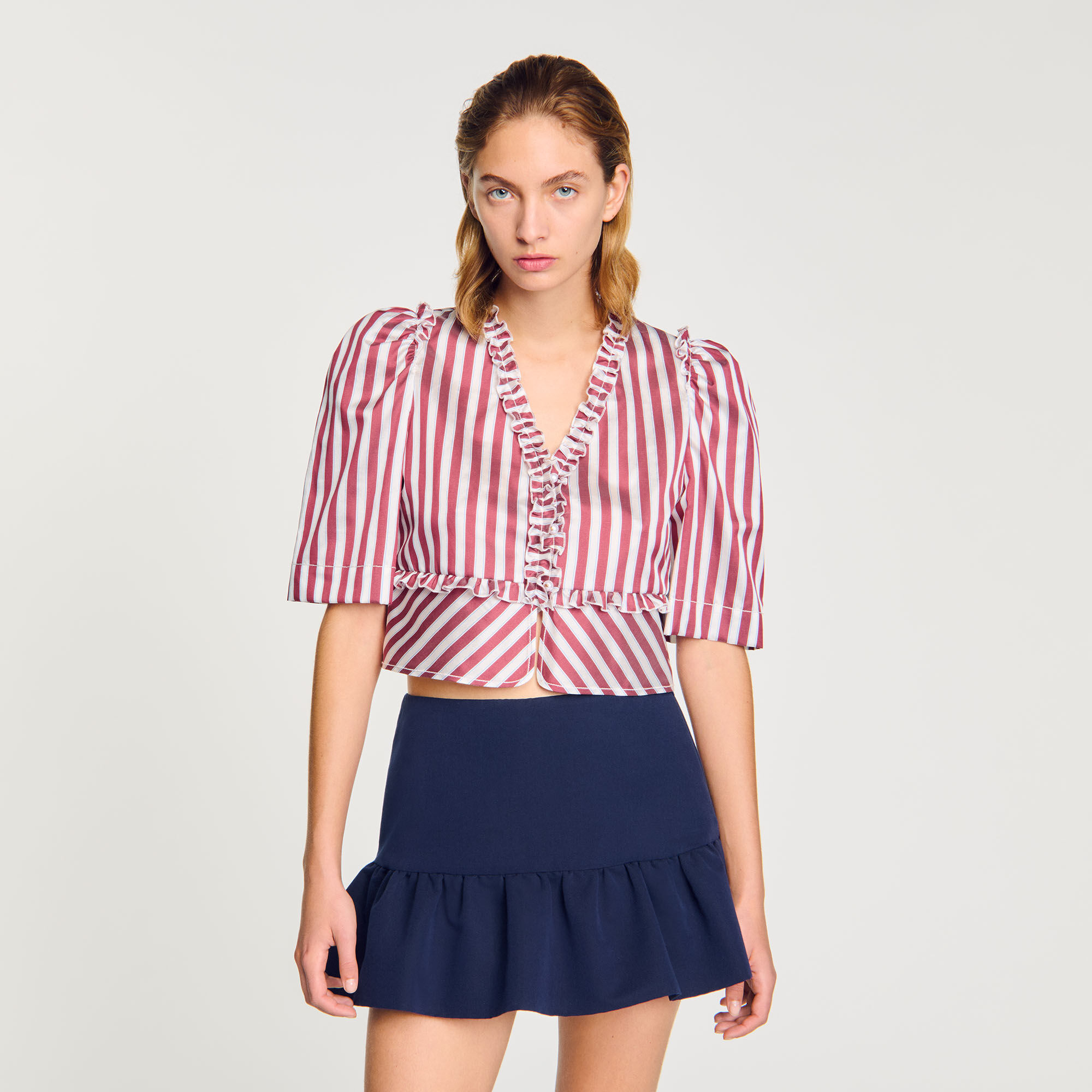 Overhemdblouse gestreept en volants