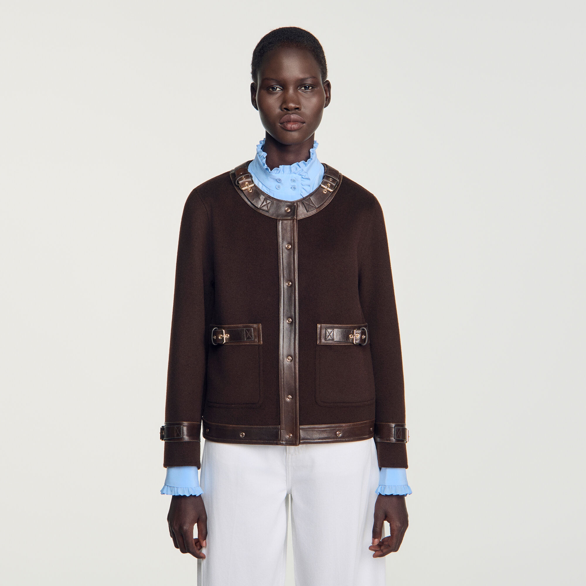 Korte jas met leren details - Vrouw | Sandro