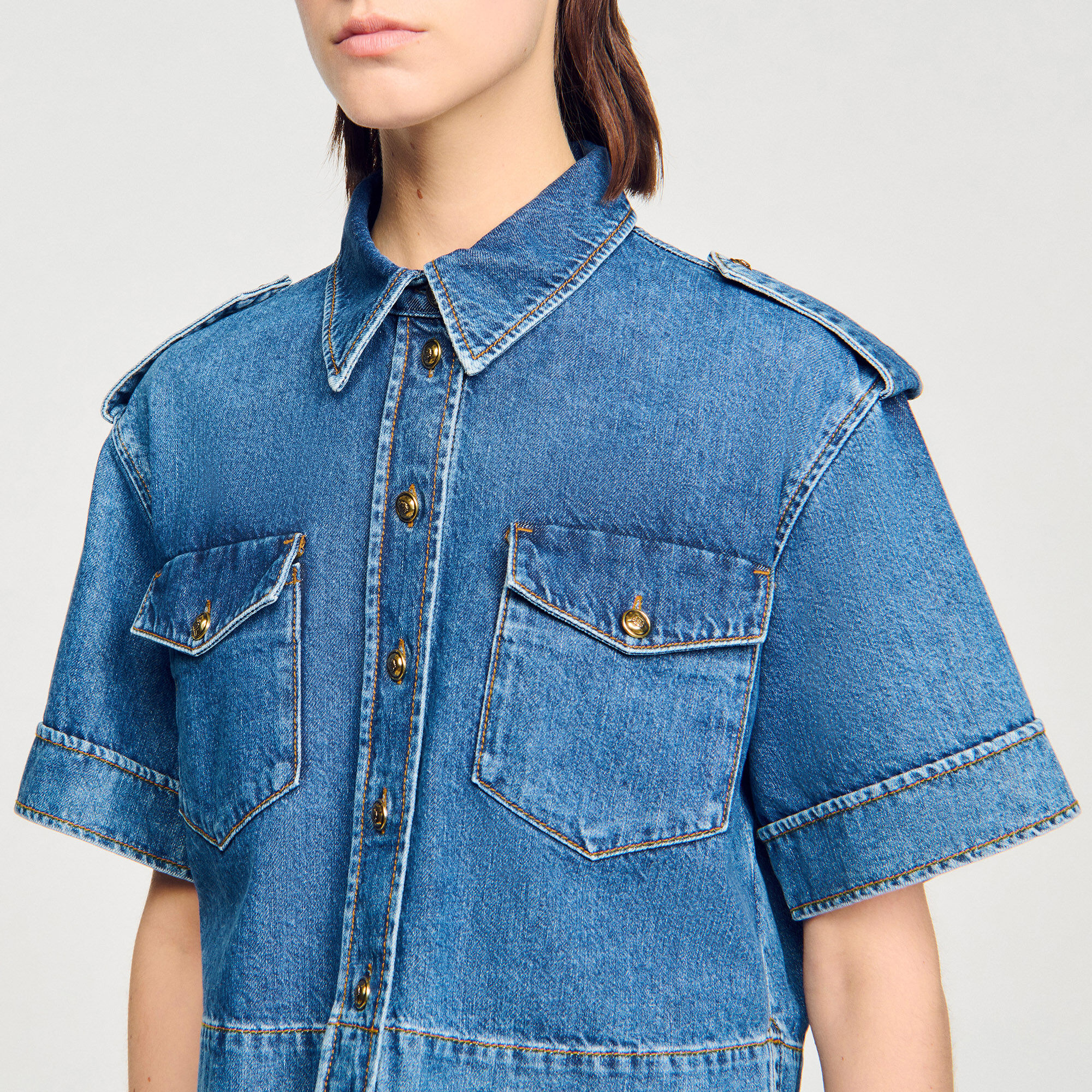 Korte denim overhemdblouse