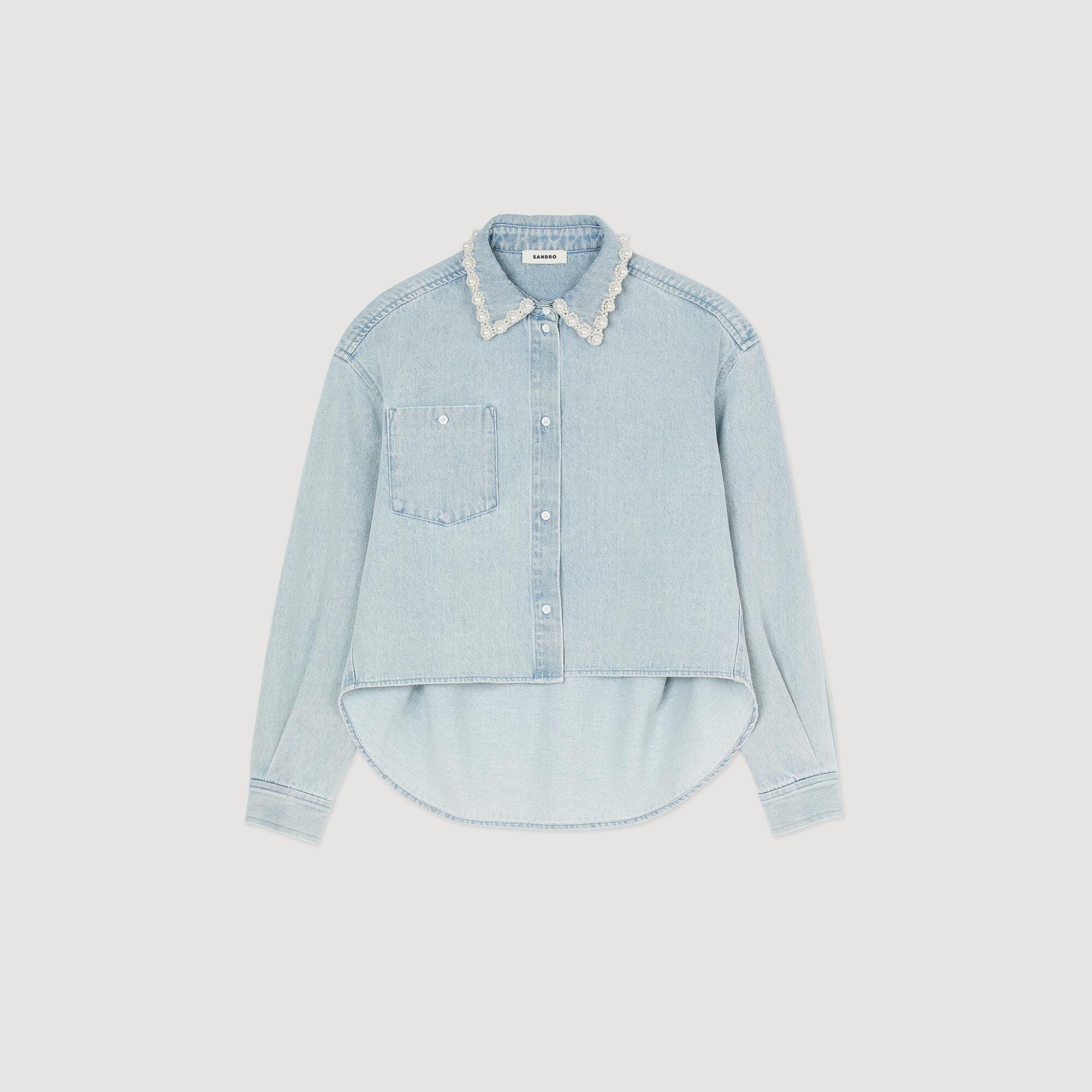 Overhemdblouse denim kraag met parels