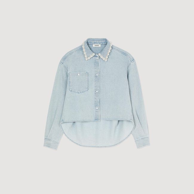 Overhemdblouse denim kraag met parels