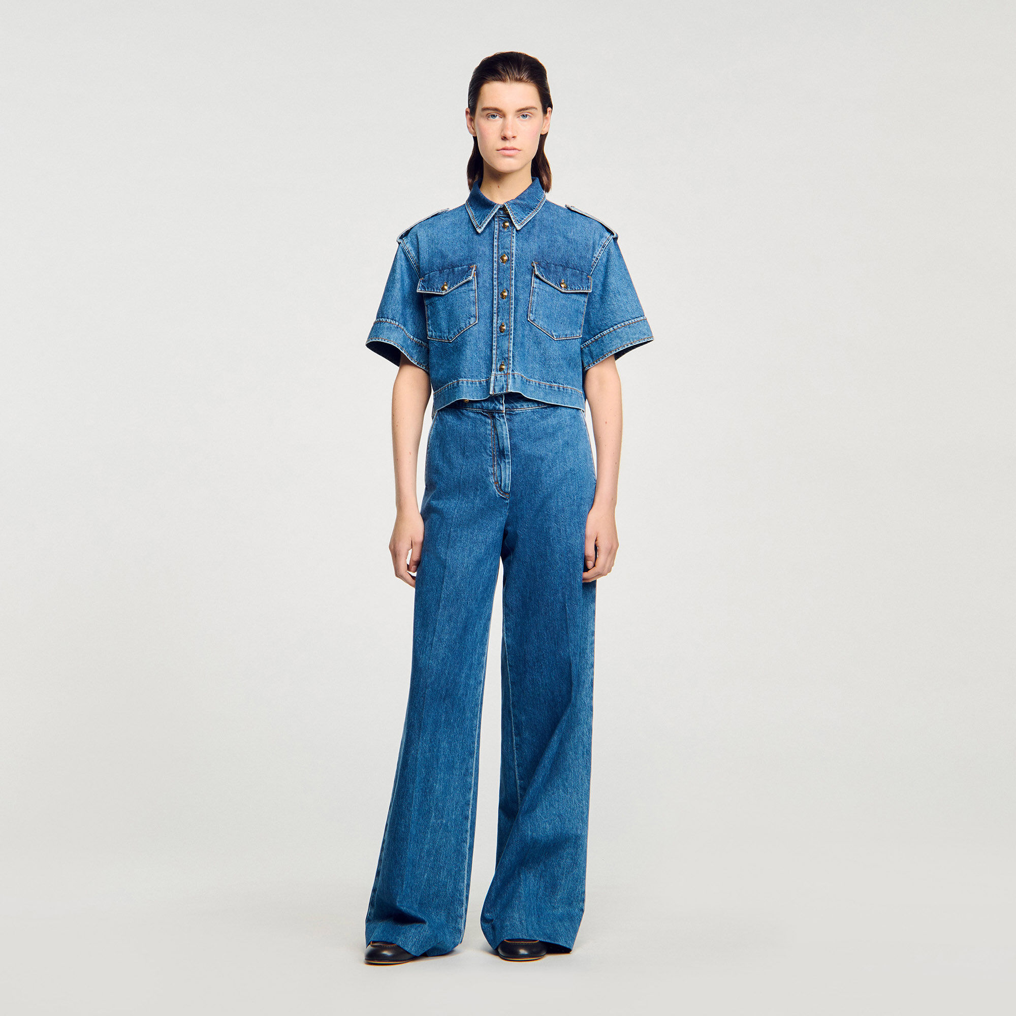 Korte denim overhemdblouse