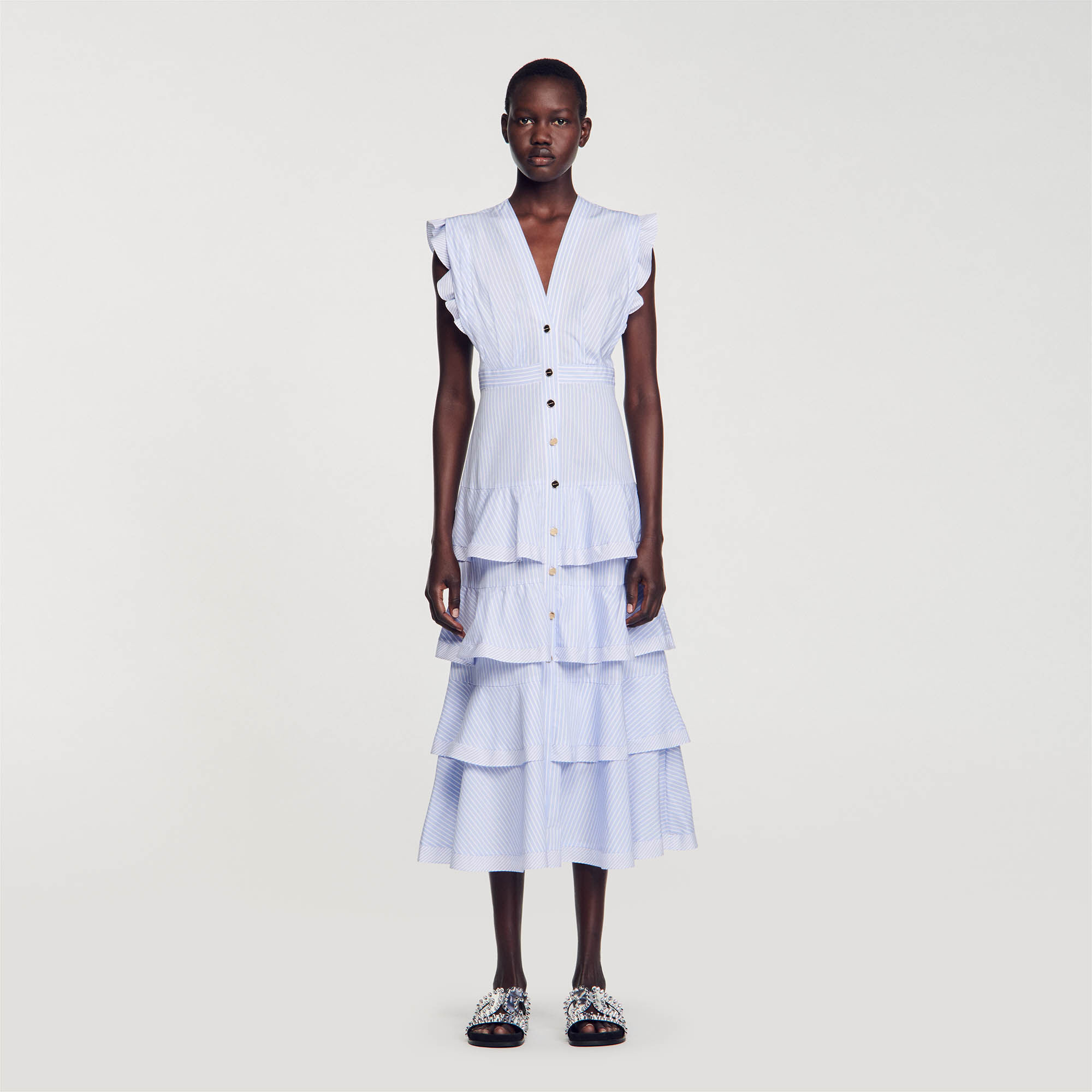 Lange jurk met ruches blauw voor dames Sandro Paris