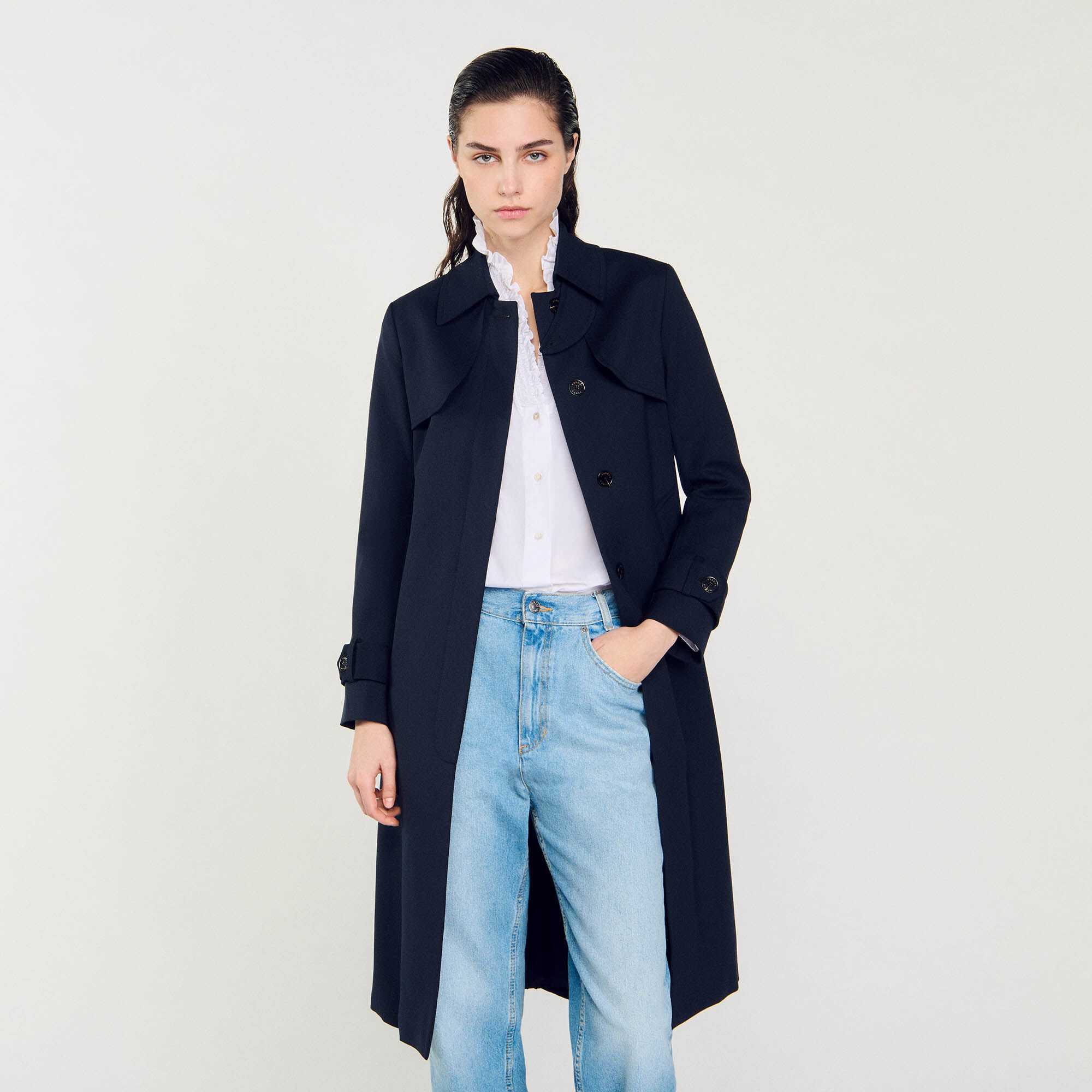Trenchcoat met geplooid inzetstuk