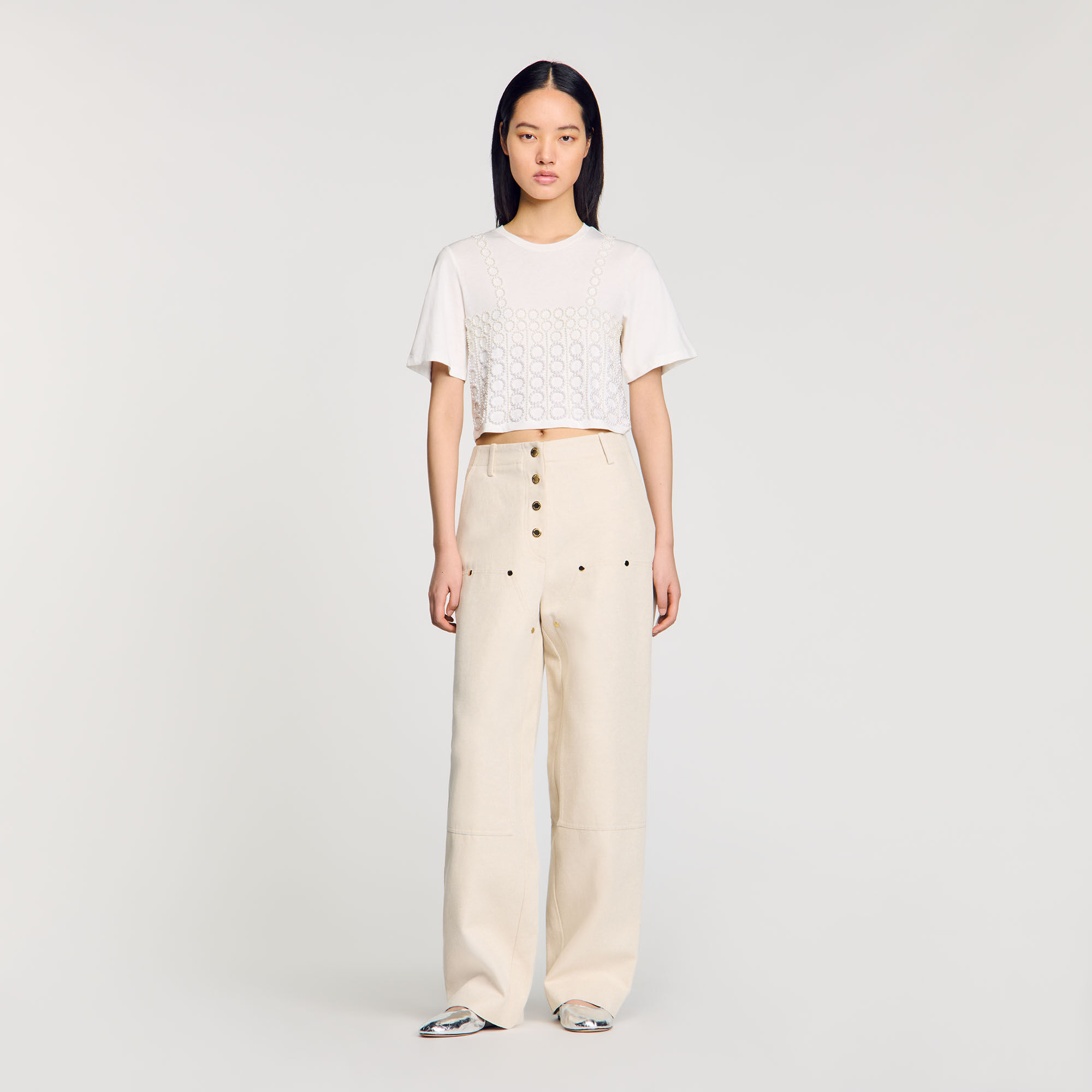 T-shirt crop fit met parels