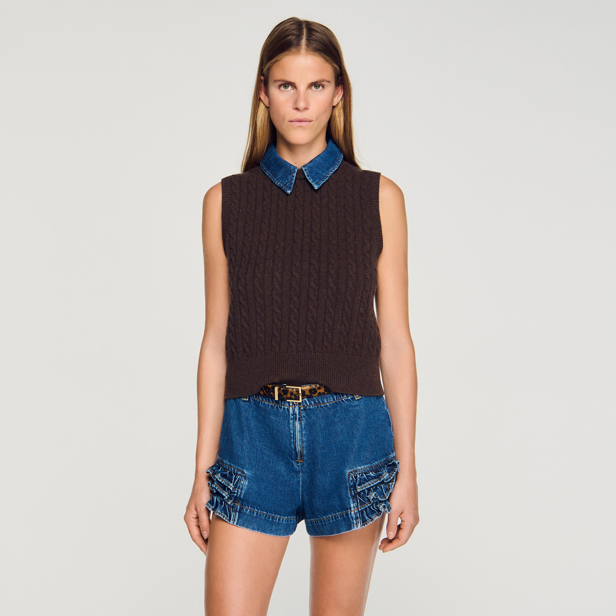 Trui van tricot en denim