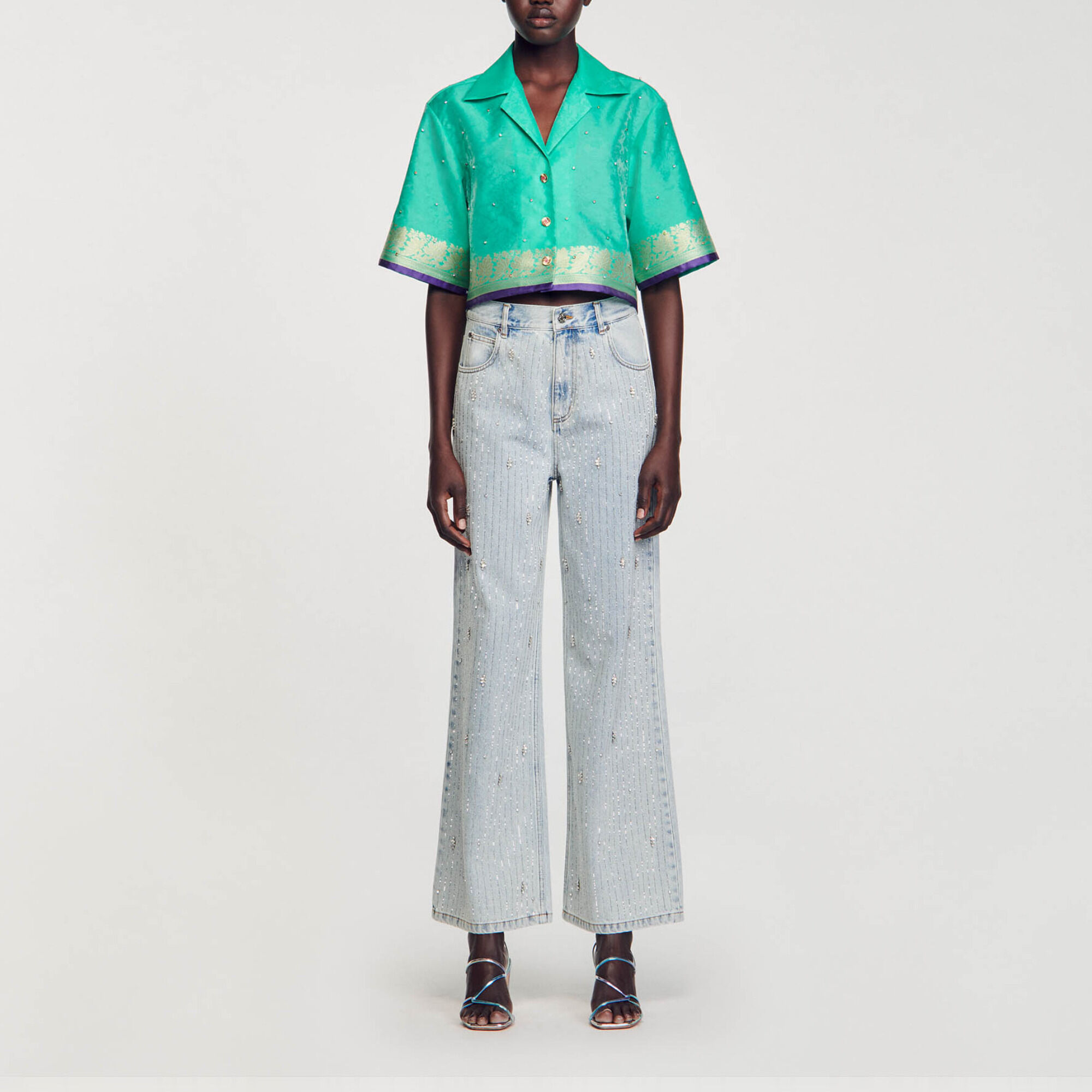 Korte overhemdblouse jacquard met stras