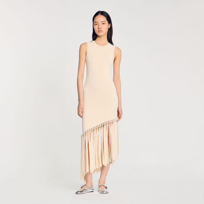 Jurk tricot met franjes en parels