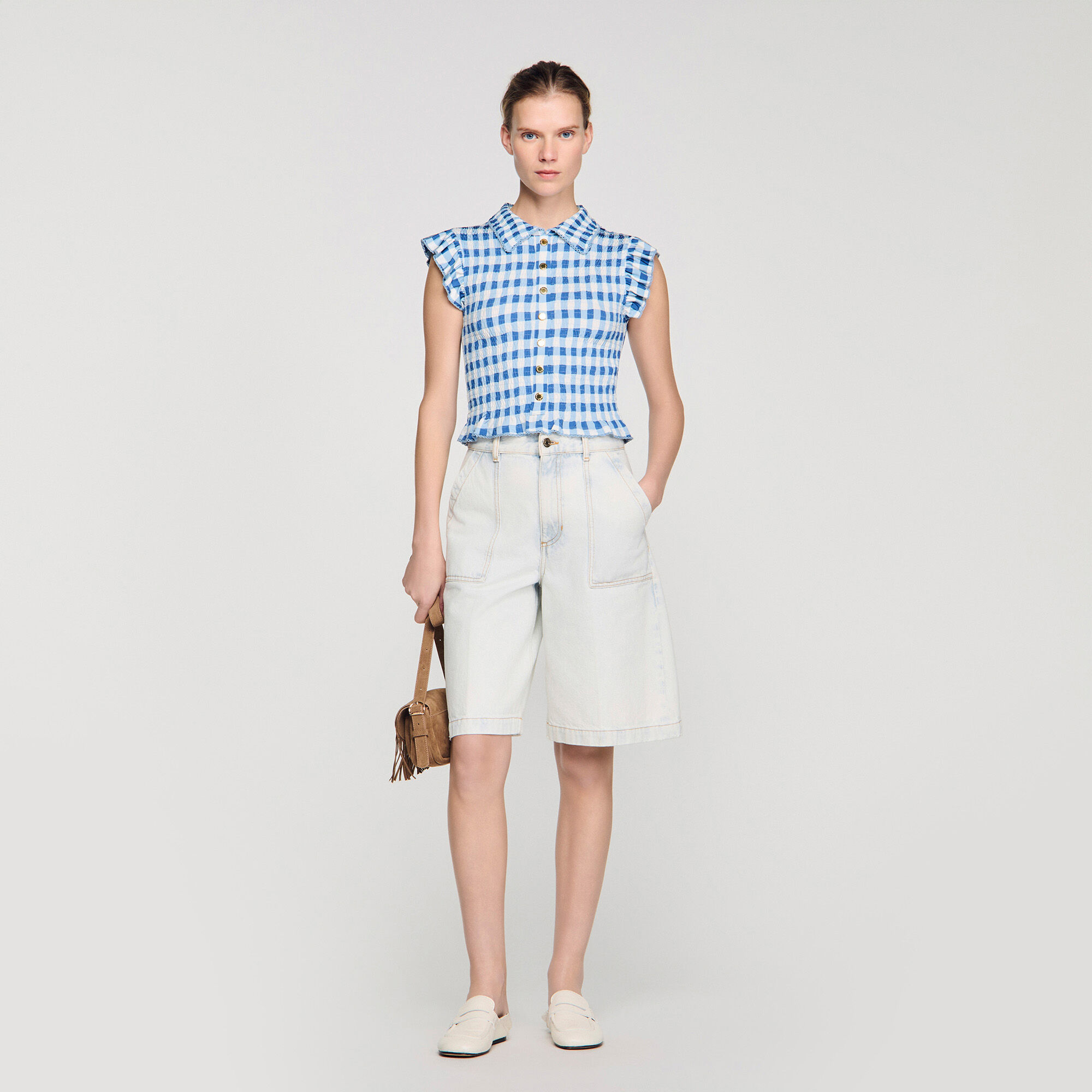 T-shirt gesmokt met vichy