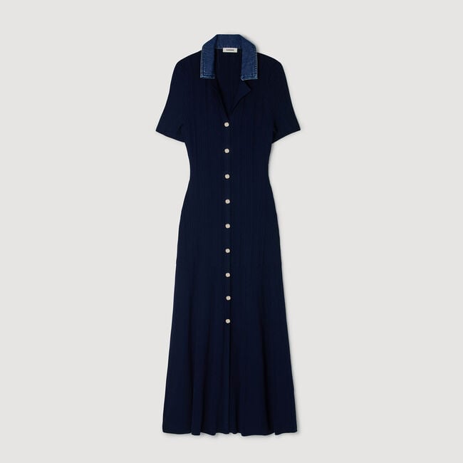 Lange jurk tricot denim kraag