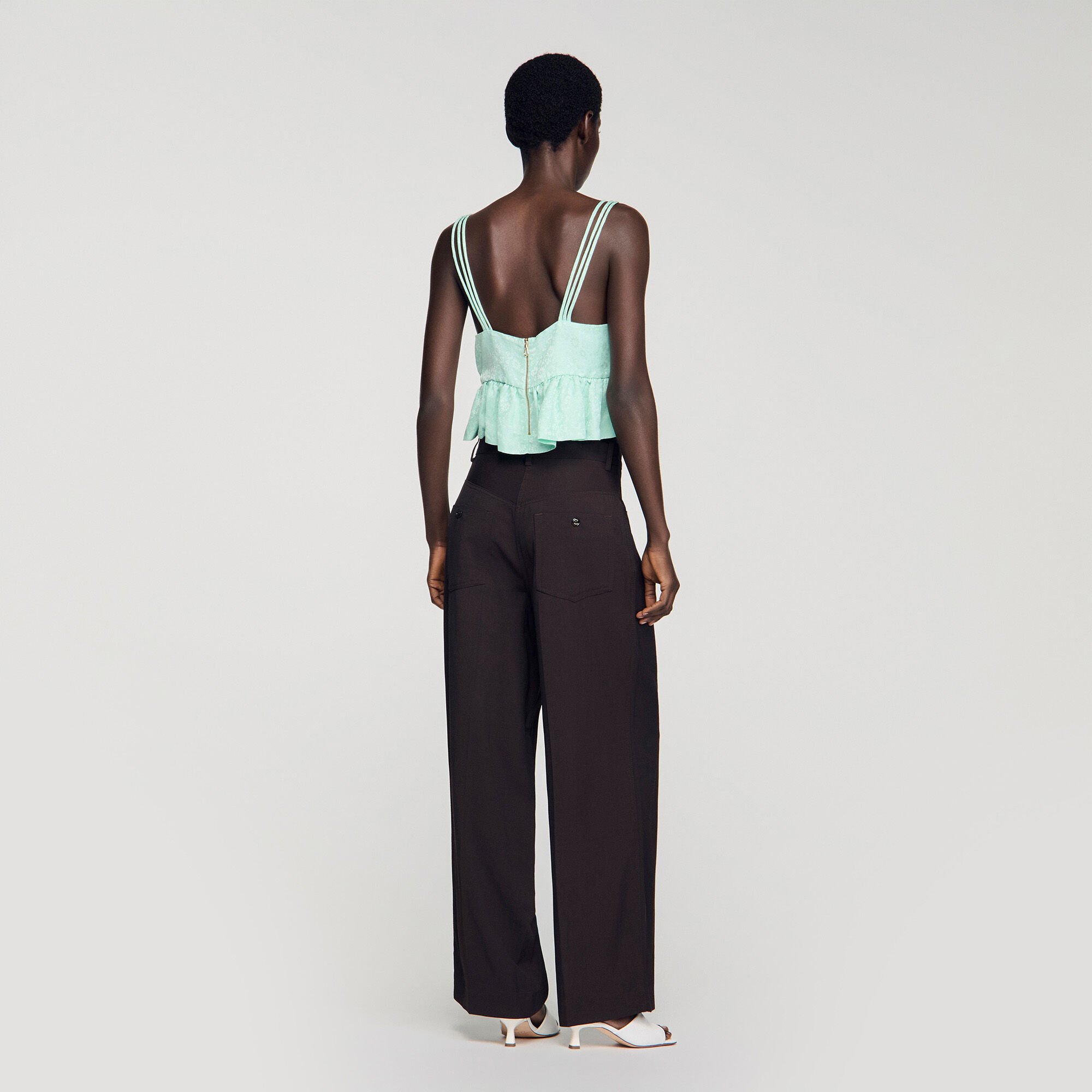 Korte top jacquard bloemen volants