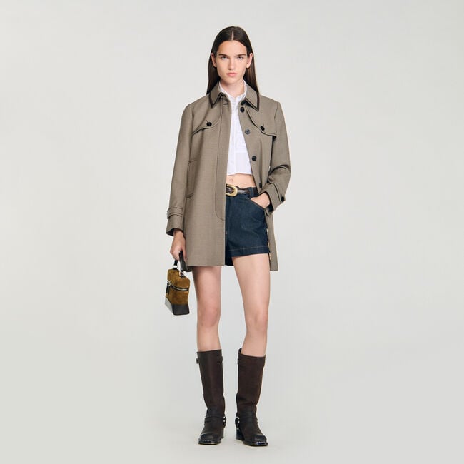 Trench pied-de-poule leren kraag Trench pied-de-poule leren kraag