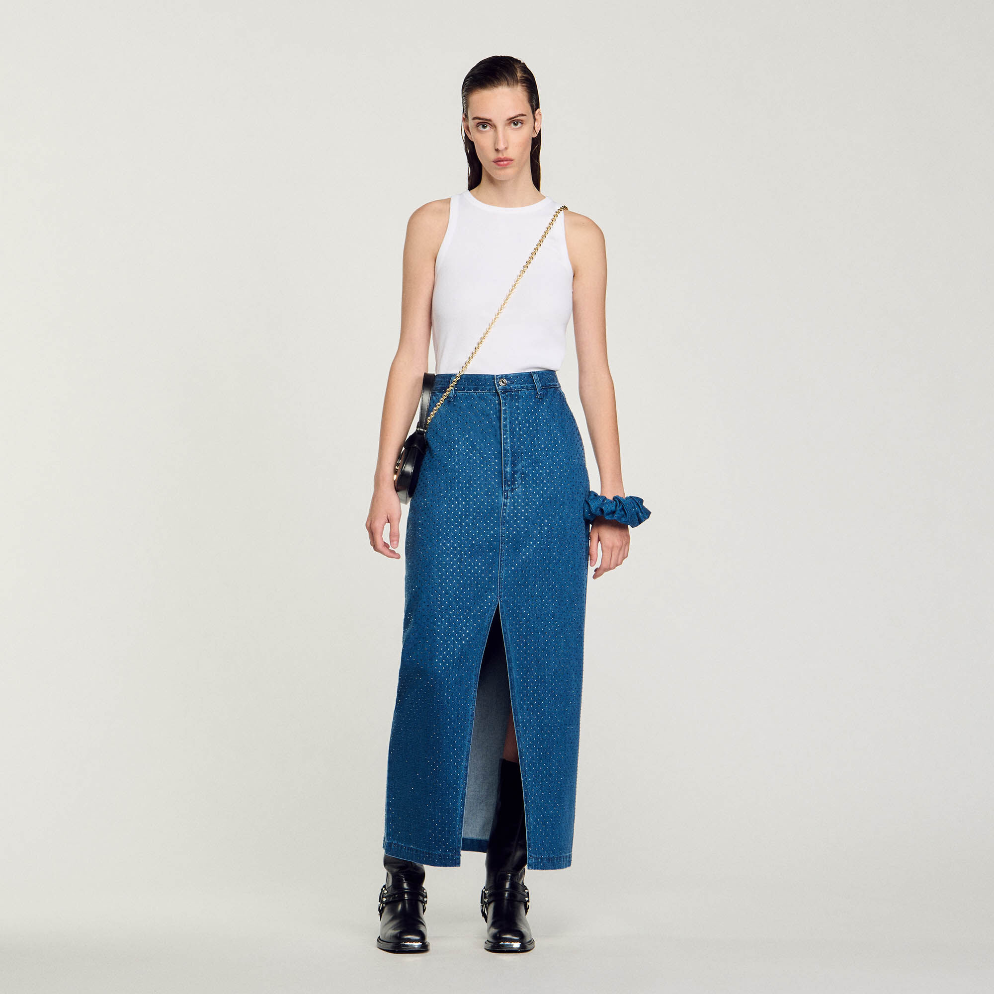 Lange denim rok met stras