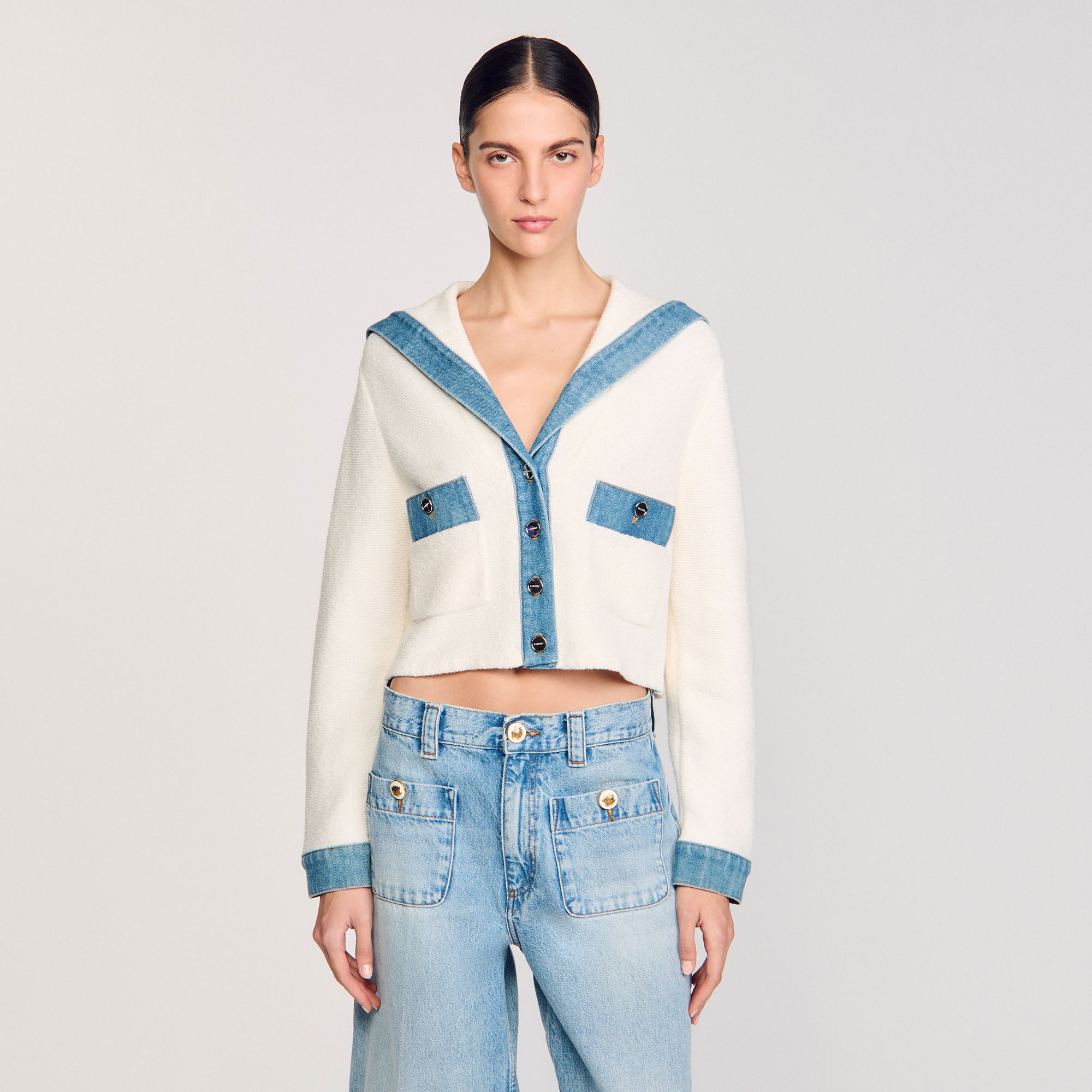 Cardigan vest met denim