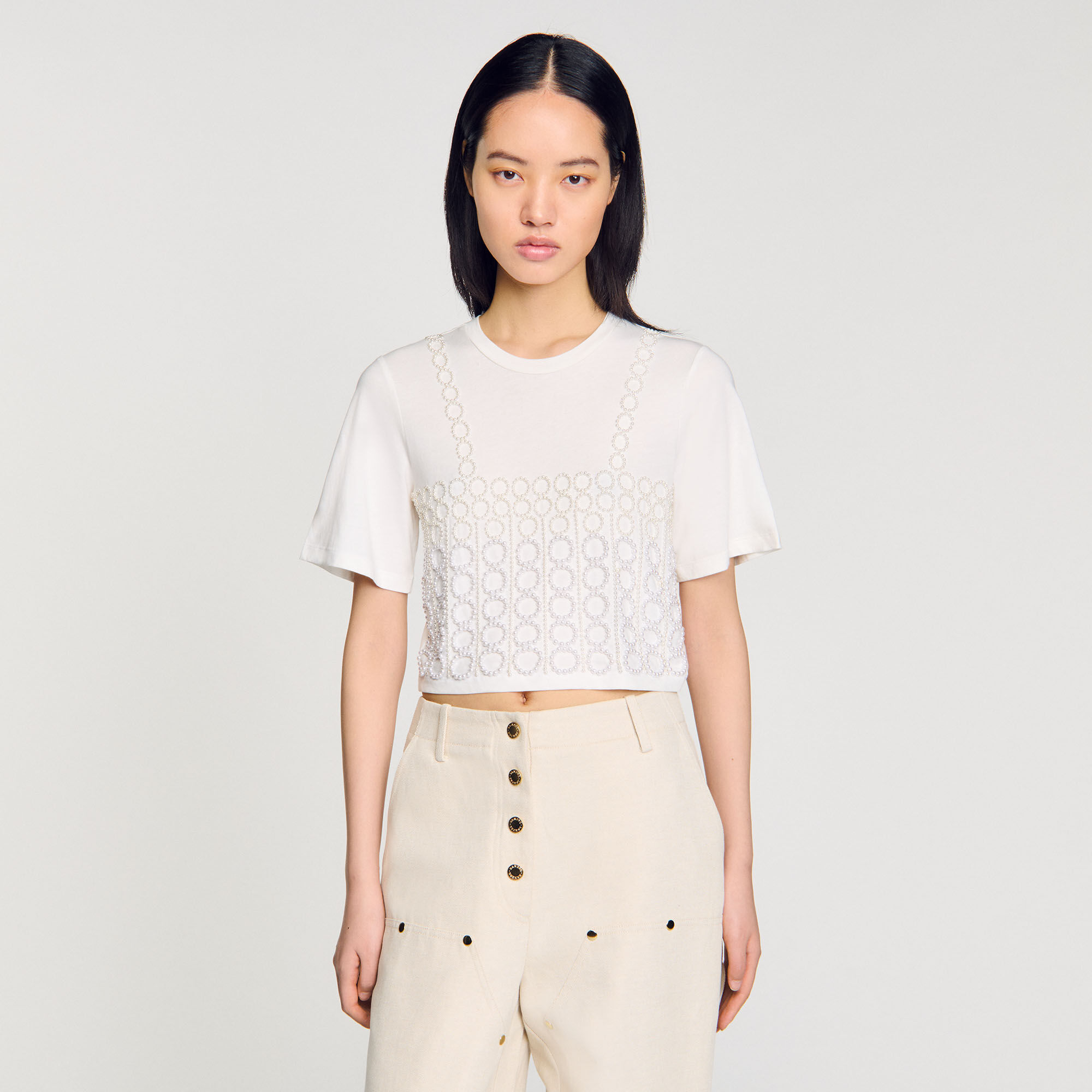 T-shirt crop fit met parels