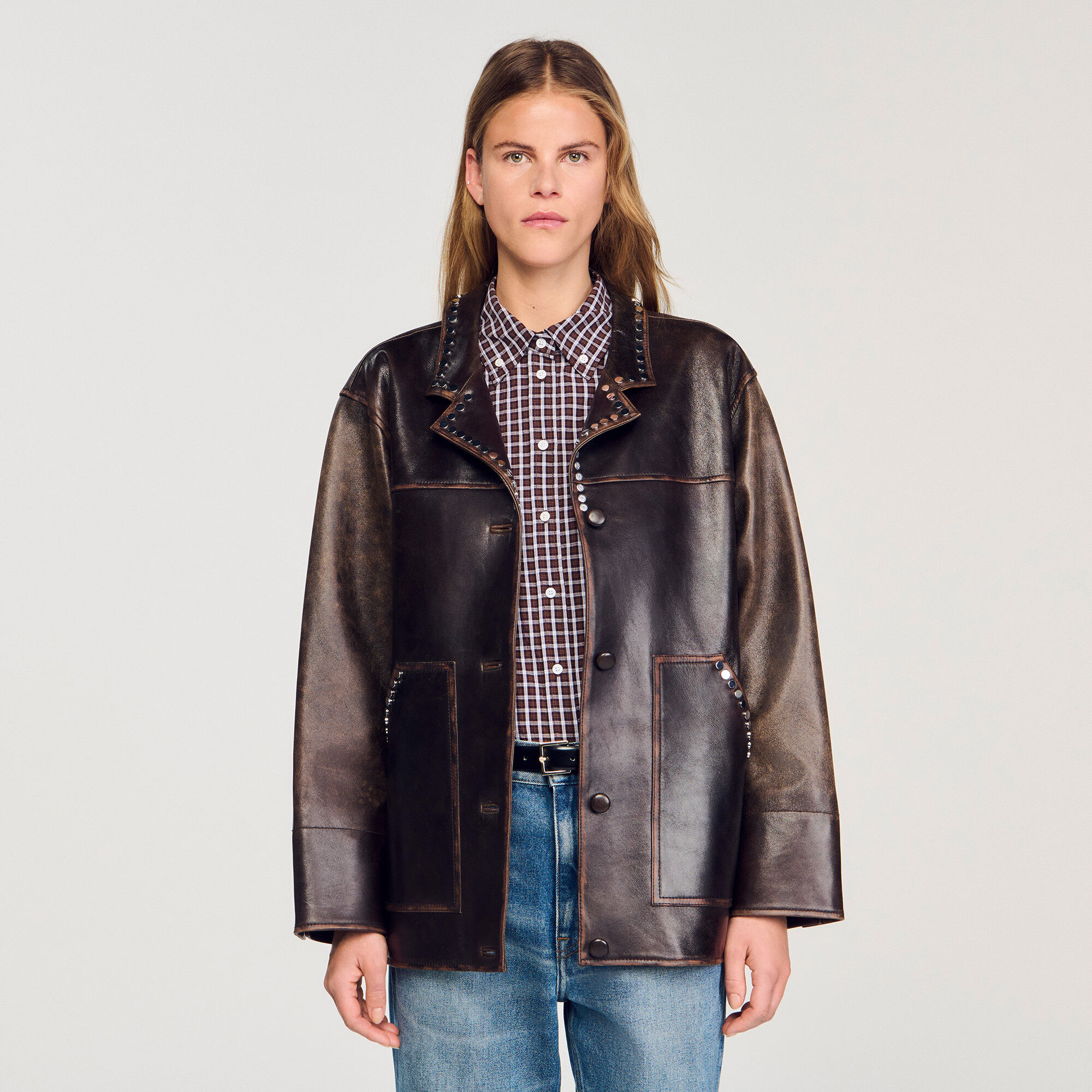 Oversized leren jack met studs