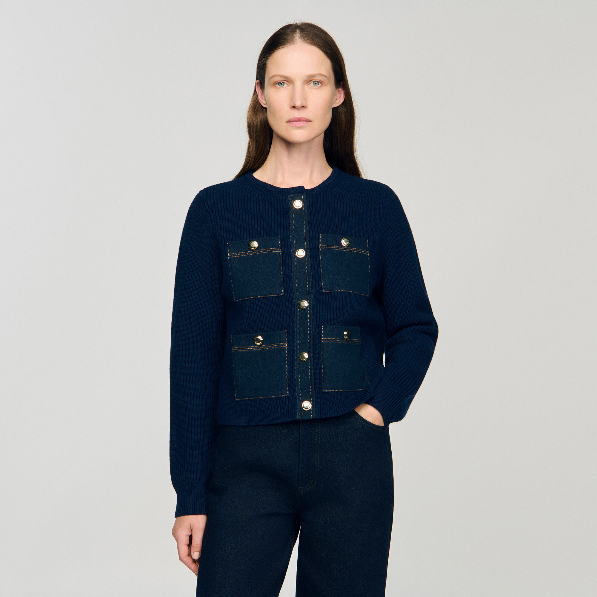 Cardigan vest met denim