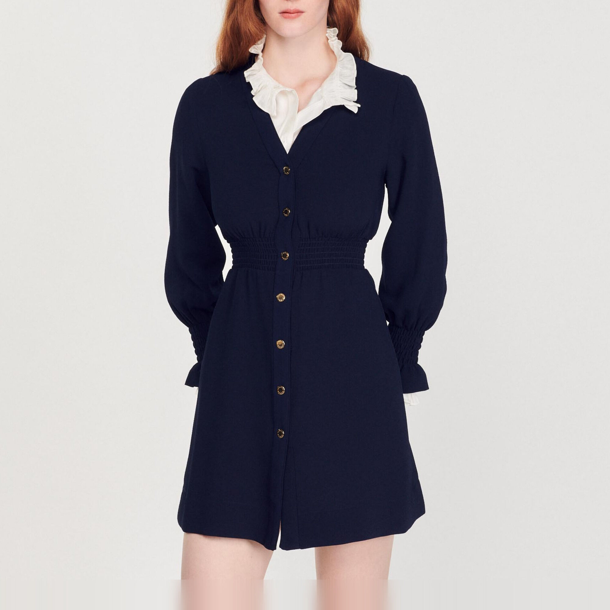 Dress with press studs and smocked belt