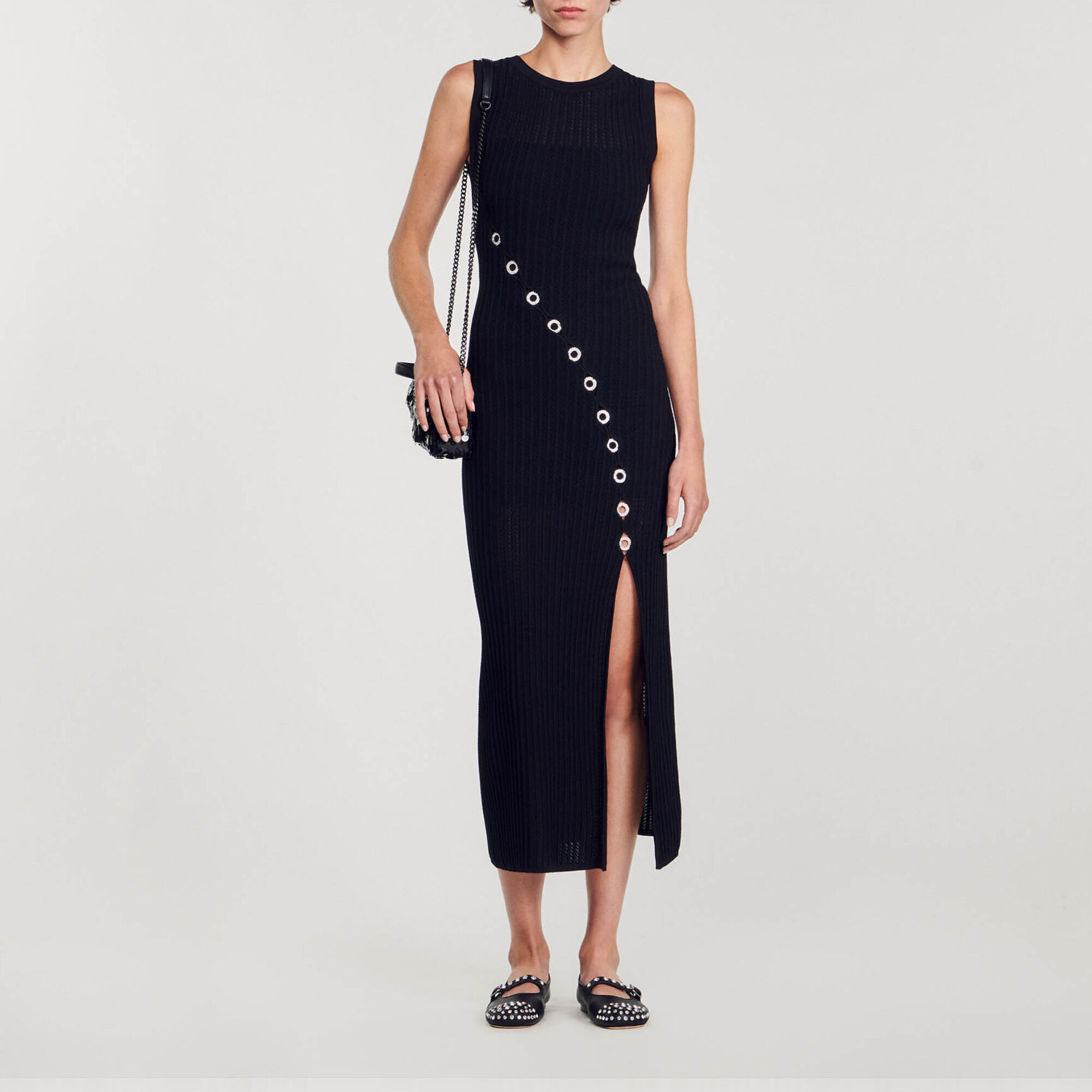 Lange jurk met stras details zwart grijs voor dames Sandro Paris