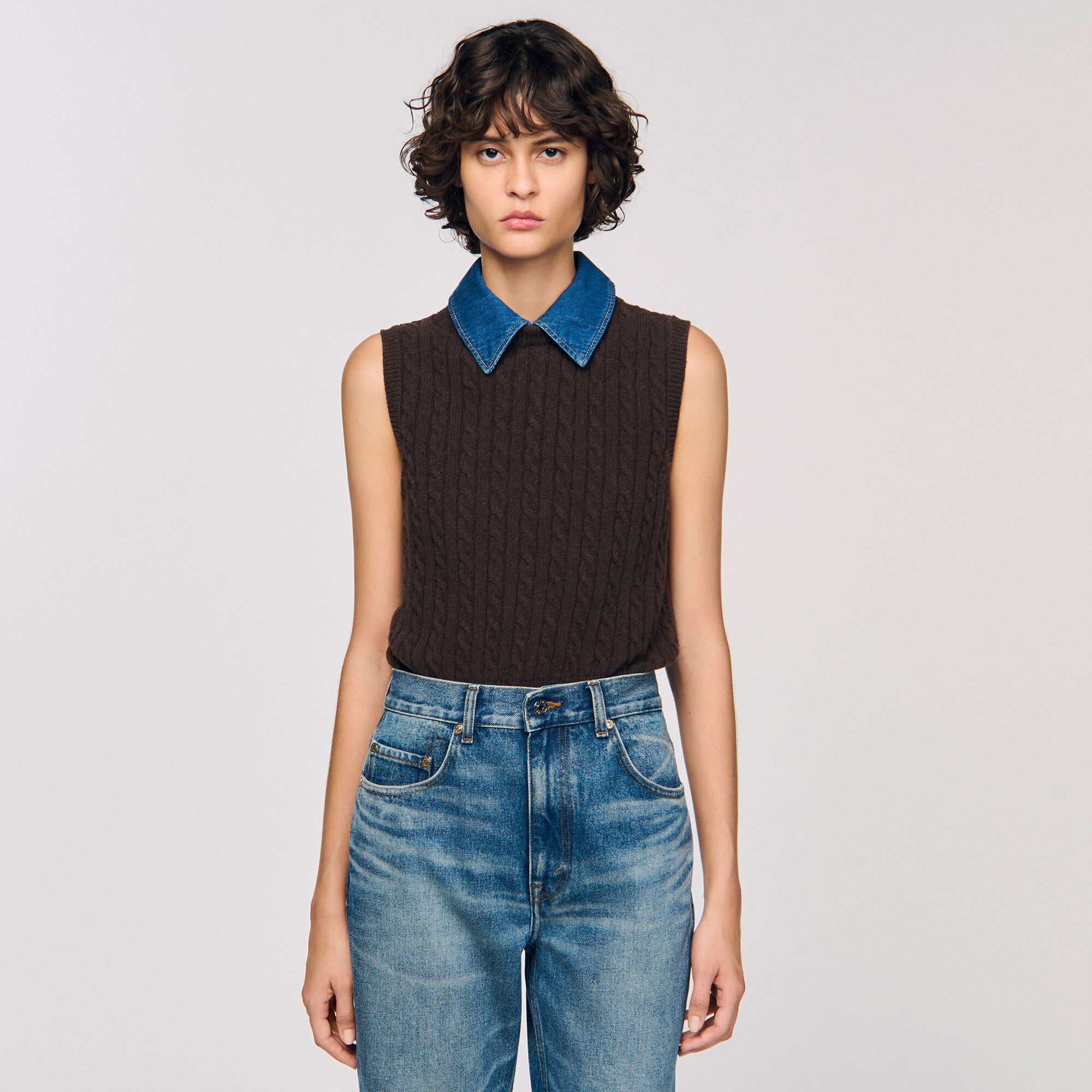 Trui van tricot en denim
