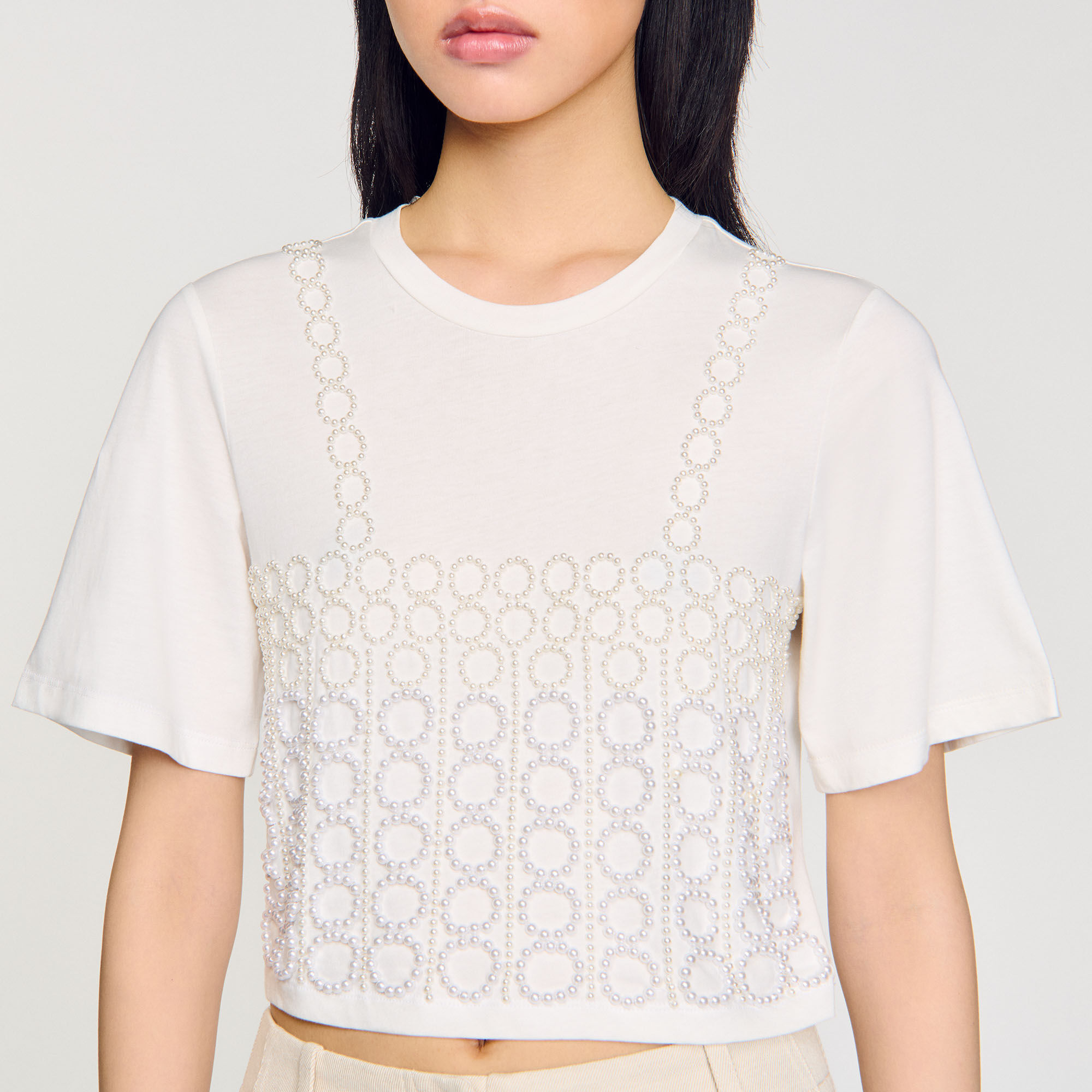 T-shirt crop fit met parels