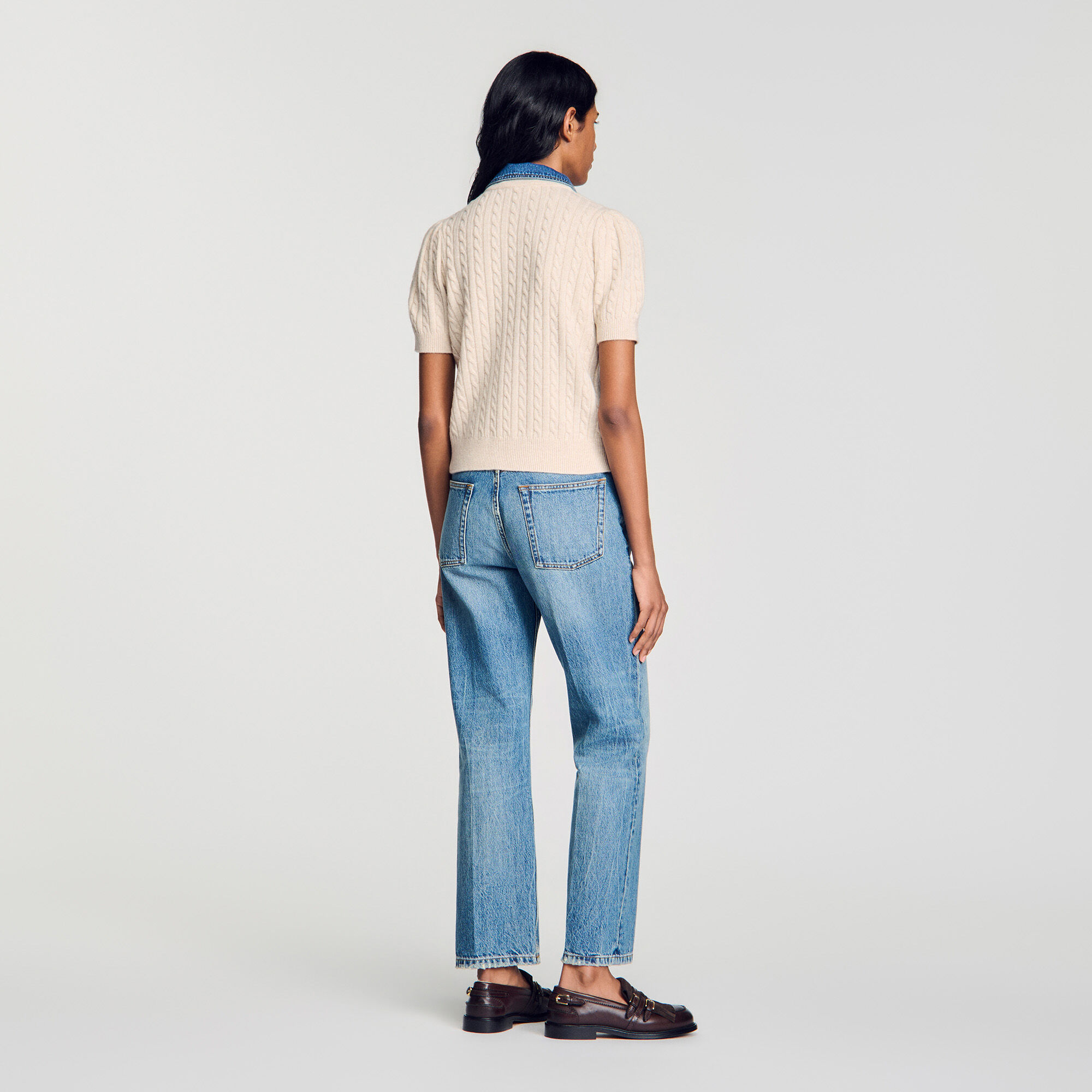 Cardigan vest denim kraag