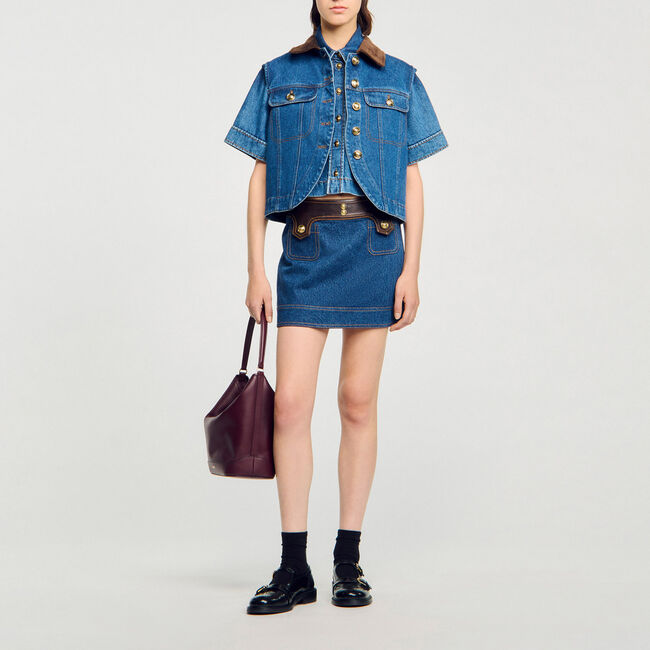 Korte rok denim en leer - Vrouw | Sandro