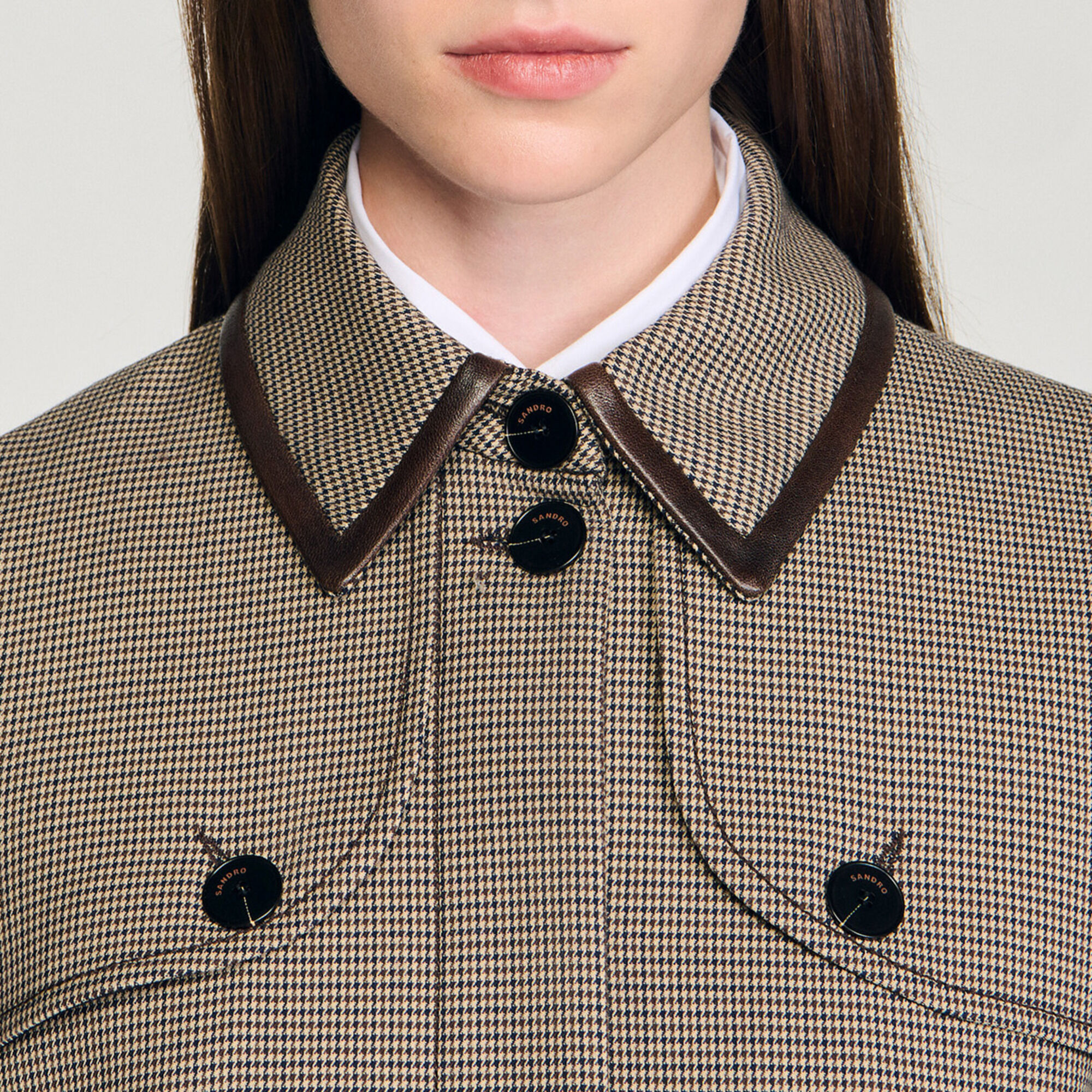 Trench pied-de-poule leren kraag - Vrouw | Sandro