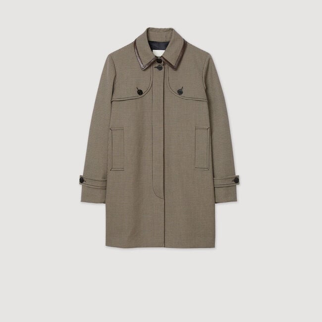 Trench pied-de-poule leren kraag Trench pied-de-poule leren kraag