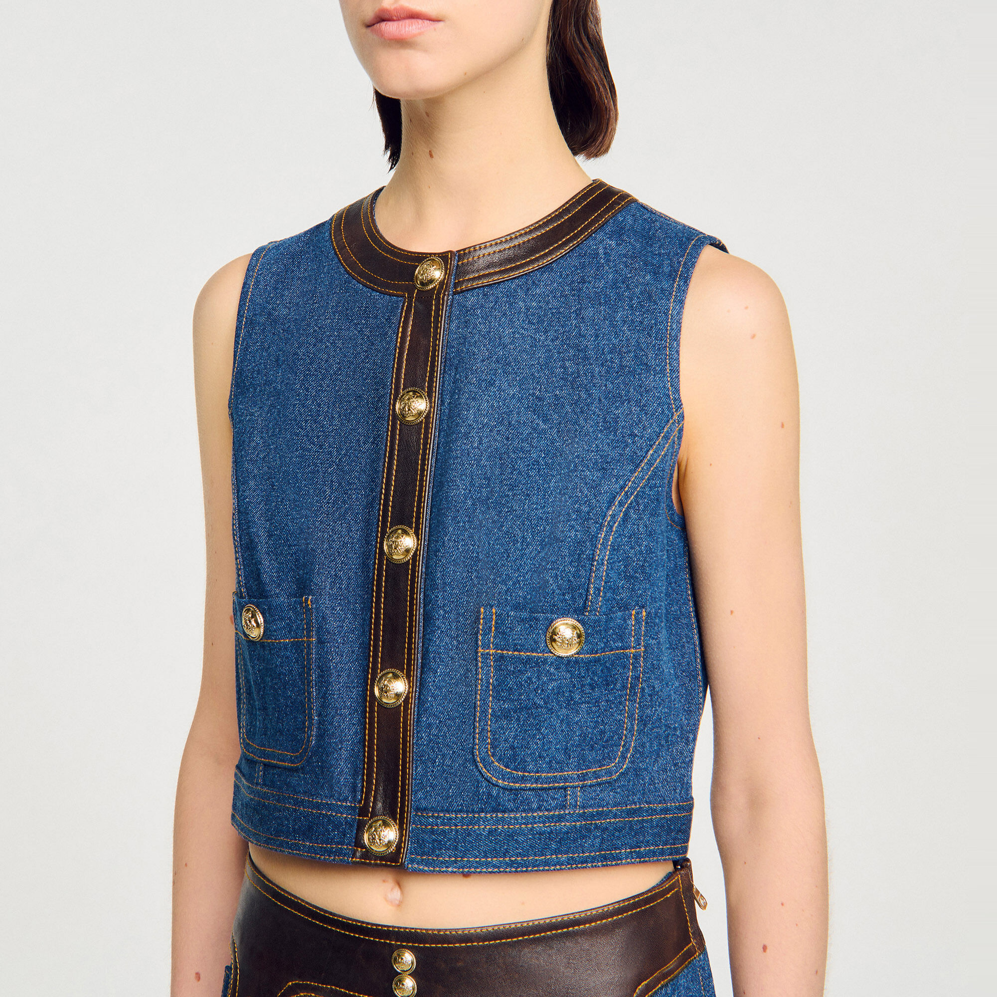 Top van denim en leer - Vrouw | Sandro
