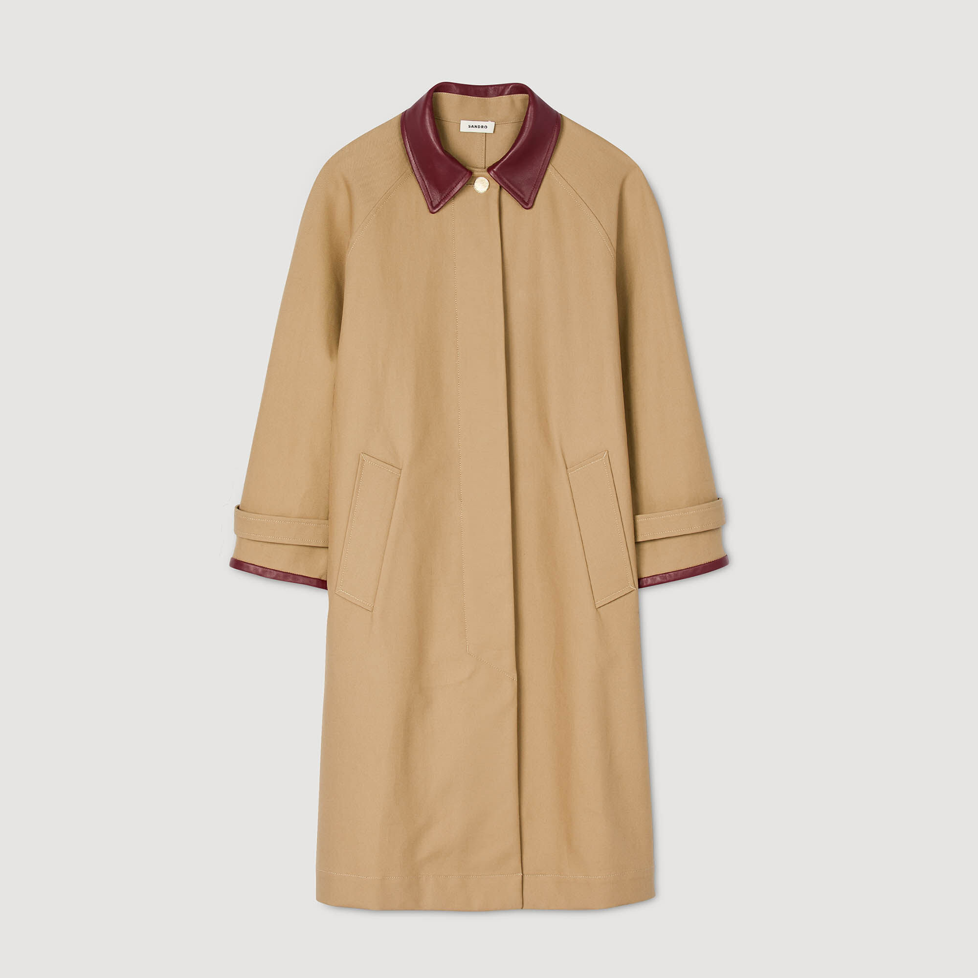 Lange trench met leren kraag