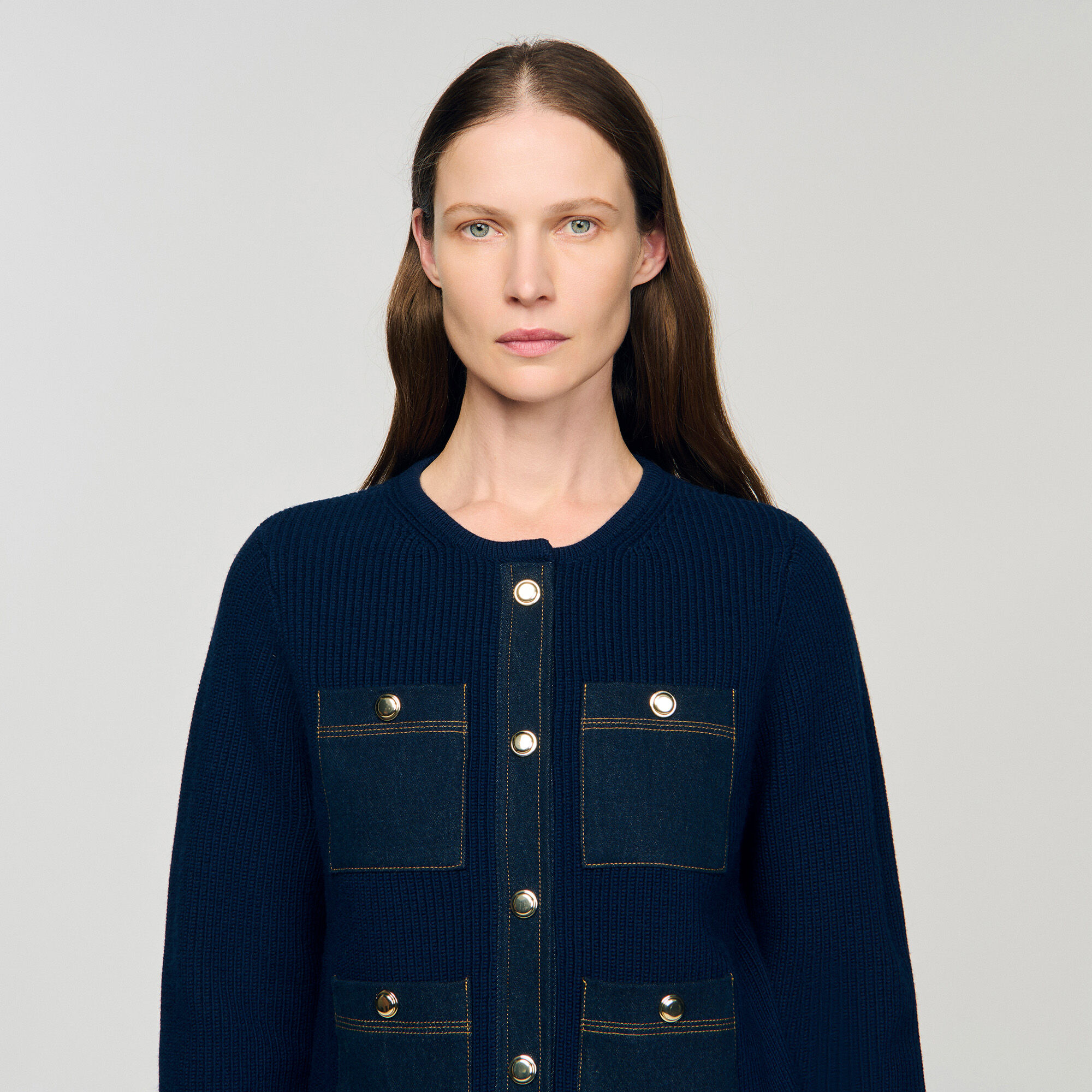Cardigan vest met denim