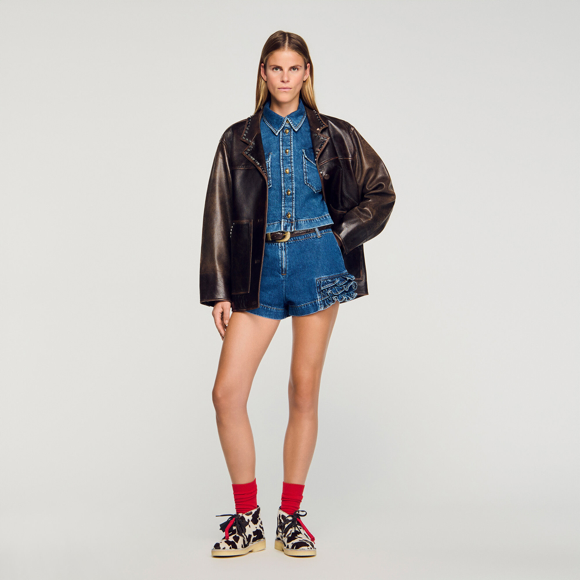 Denim short met volants