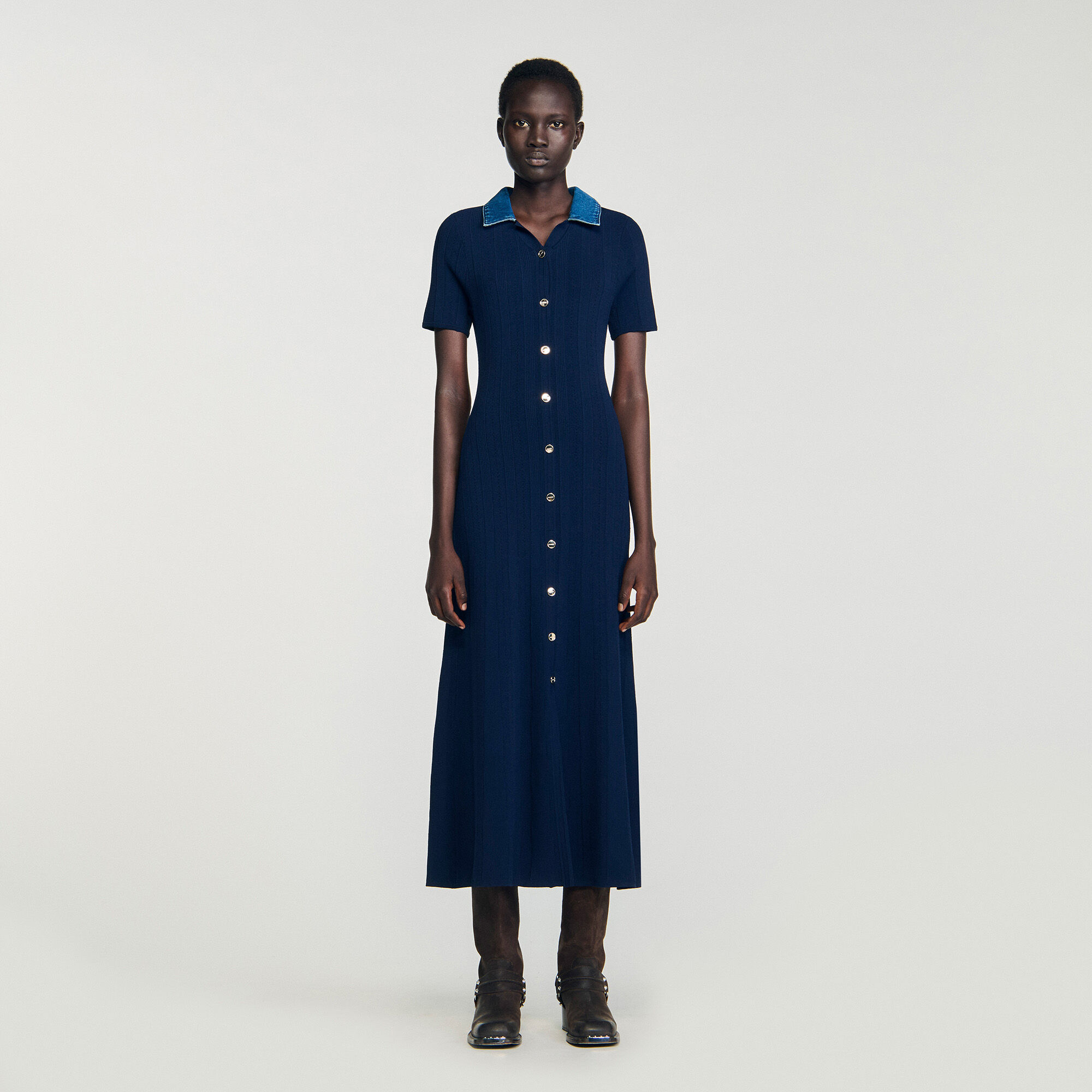 Lange jurk tricot denim kraag